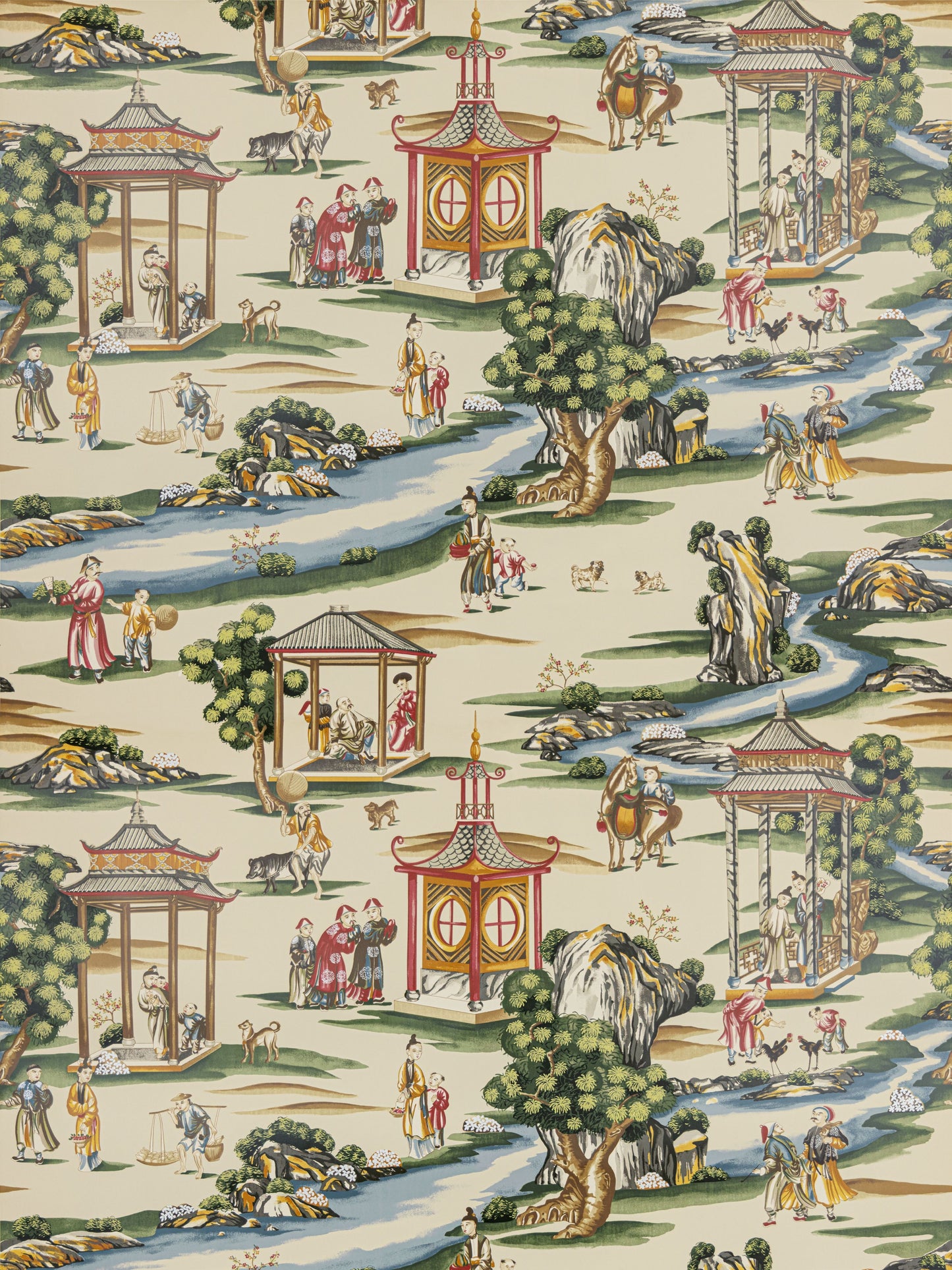 Chinoiserie garden wallpaper pattern with pagodas, pavilions, winding blue streams, trees and dressed figures on beige background.