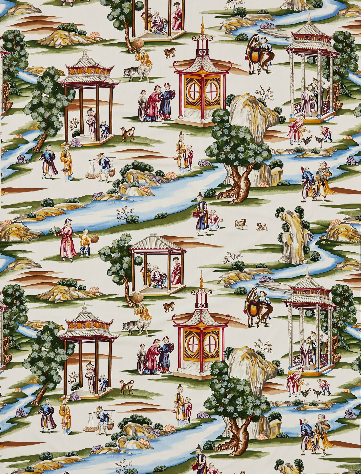 Chinoiserie landscape fabric design with pagodas, pavilions, rivers, bridges, trees and people in colorful robes on cream.