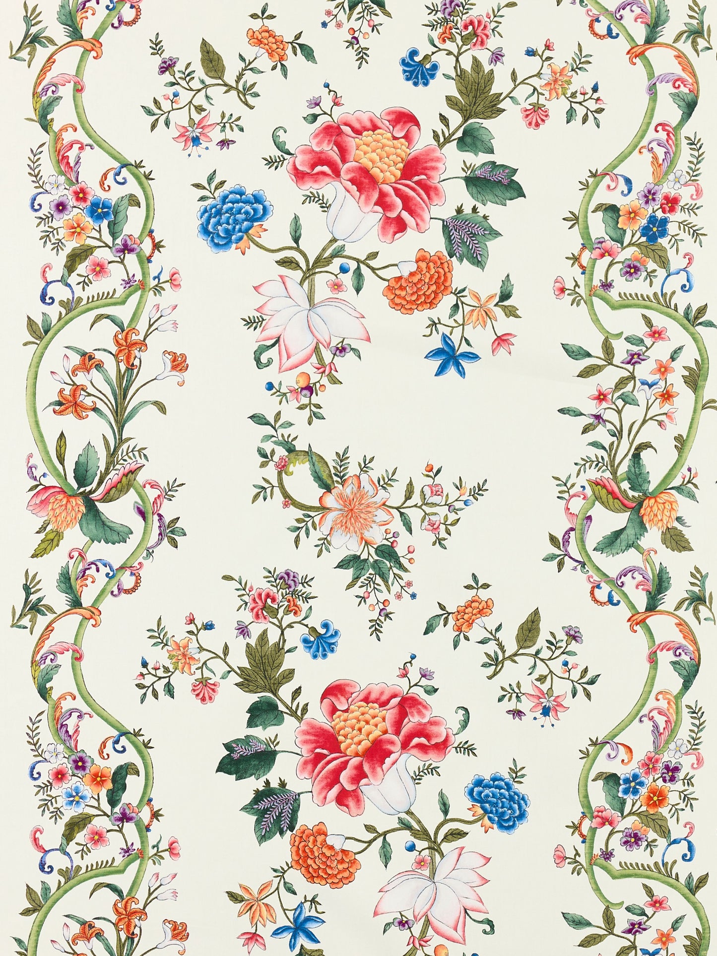 Cream background decorative floral lattice and fretwork printed fabric with ornate green vines and blossoms in pinks, blues and oranges.