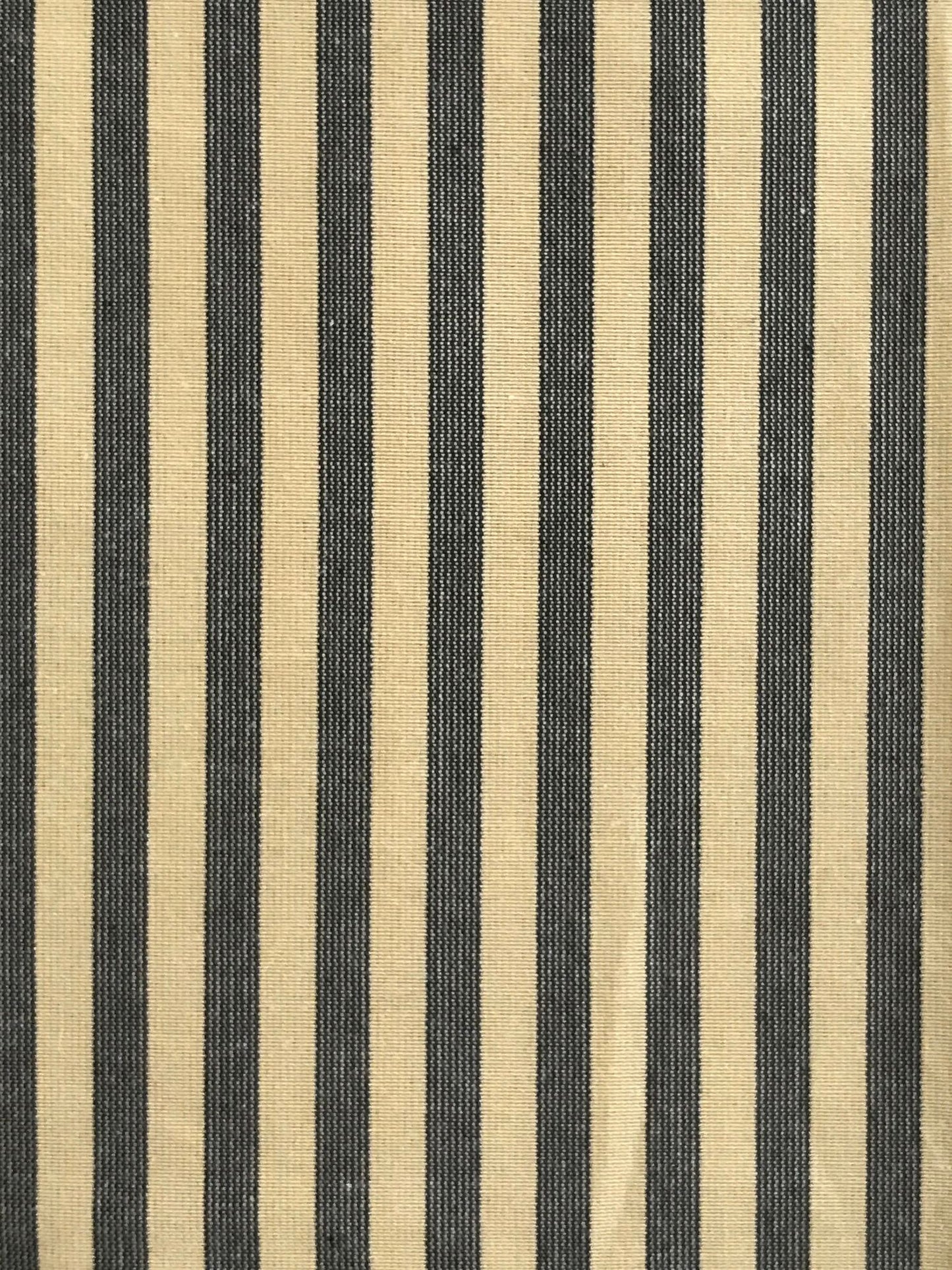 Iron grey and beige striped woven fabric with vertical bold stripes, textured upholstery material.