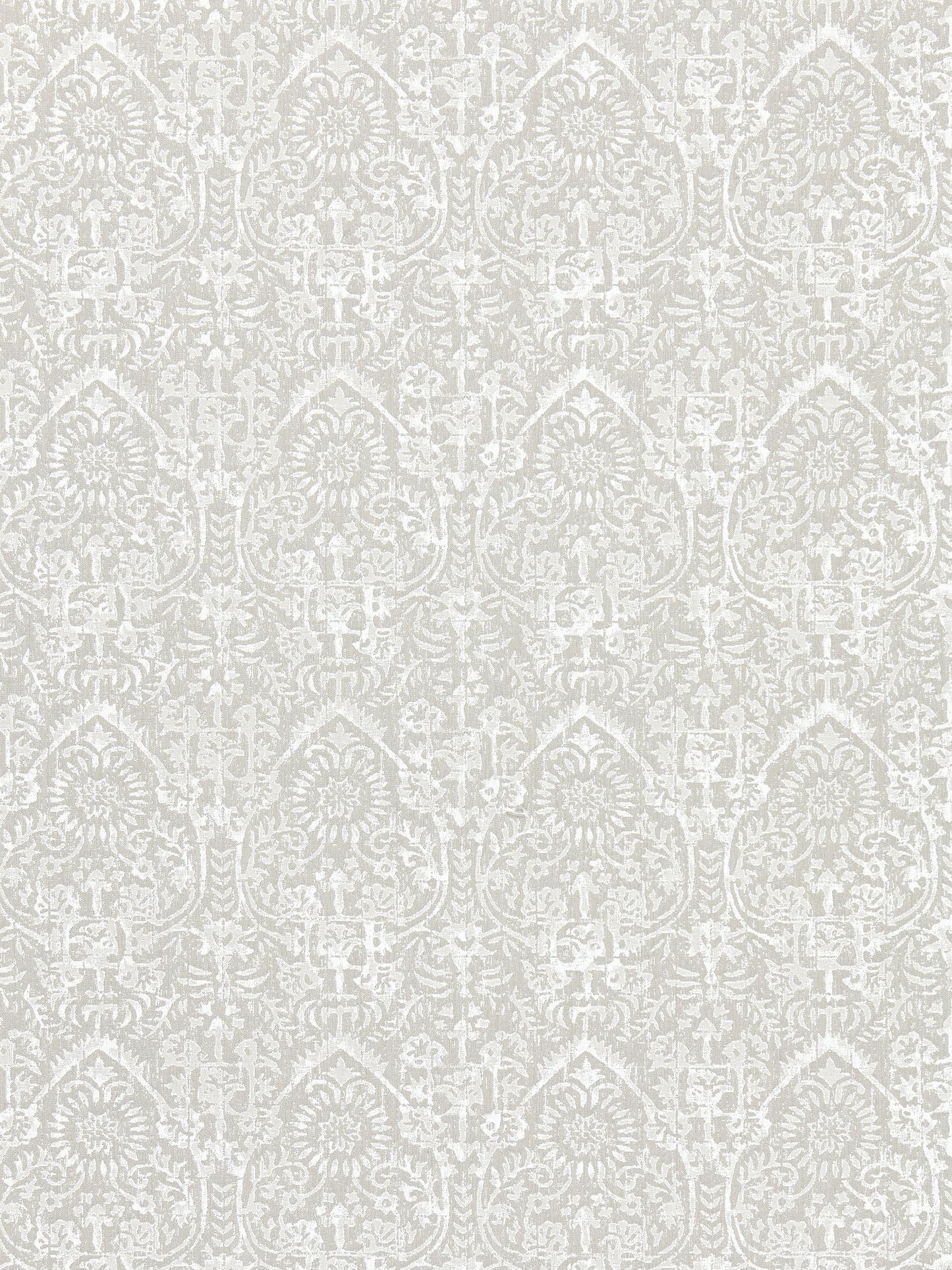 Soft gray damask pattern linen fabric with ivory motifs and ornate medallions.
