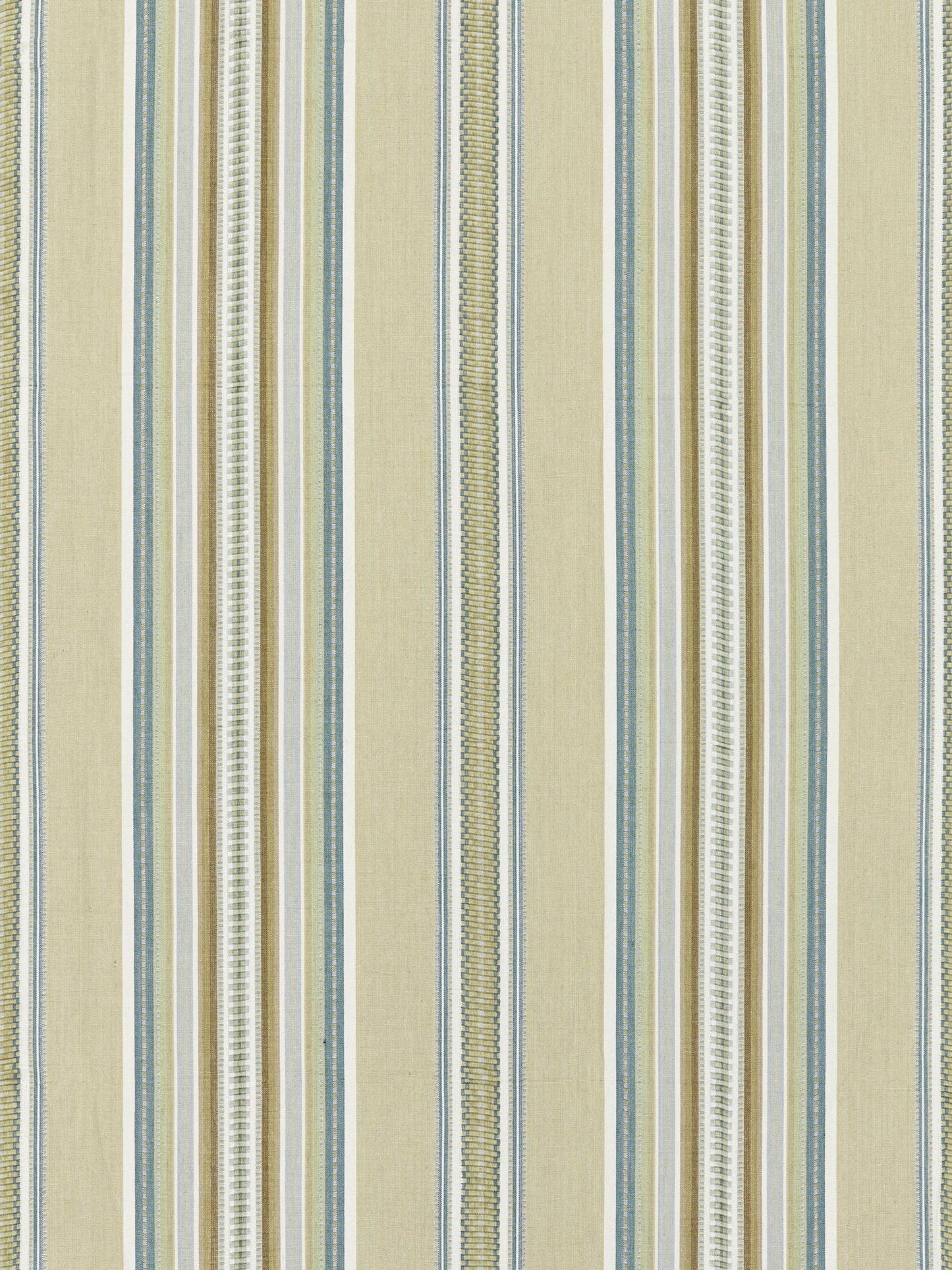 Beige striped cotton fabric with vertical blue, cream & tan stripes and subtle textured accents.