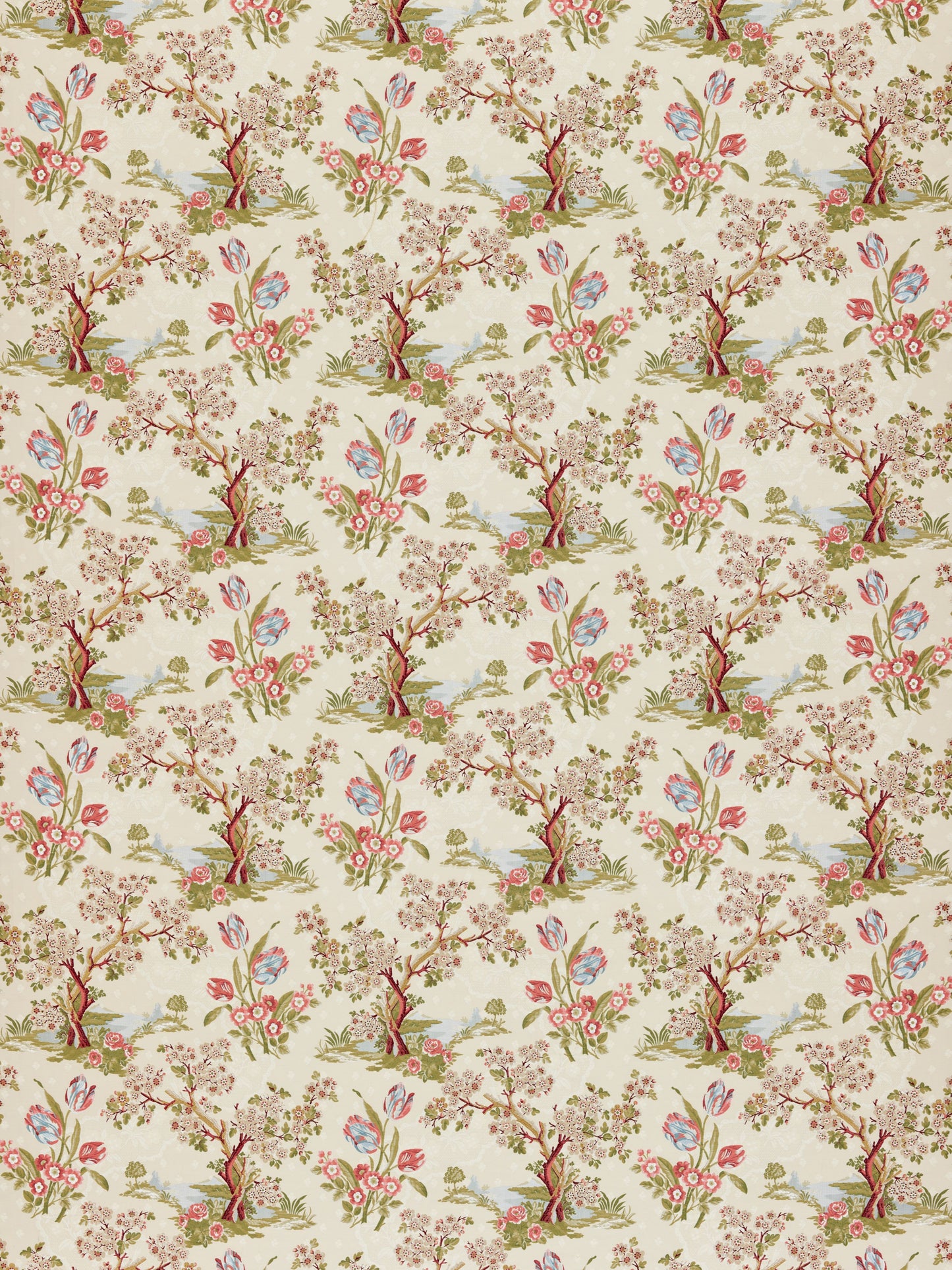 Floral pattern with pink blossoms, red branches, and blue-green leaves on a cream background; vintage fabric/wallpaper style
