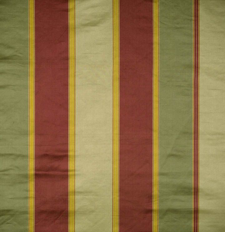 Vertical striped fabric in olive green, beige and maroon with slim yellow borders.