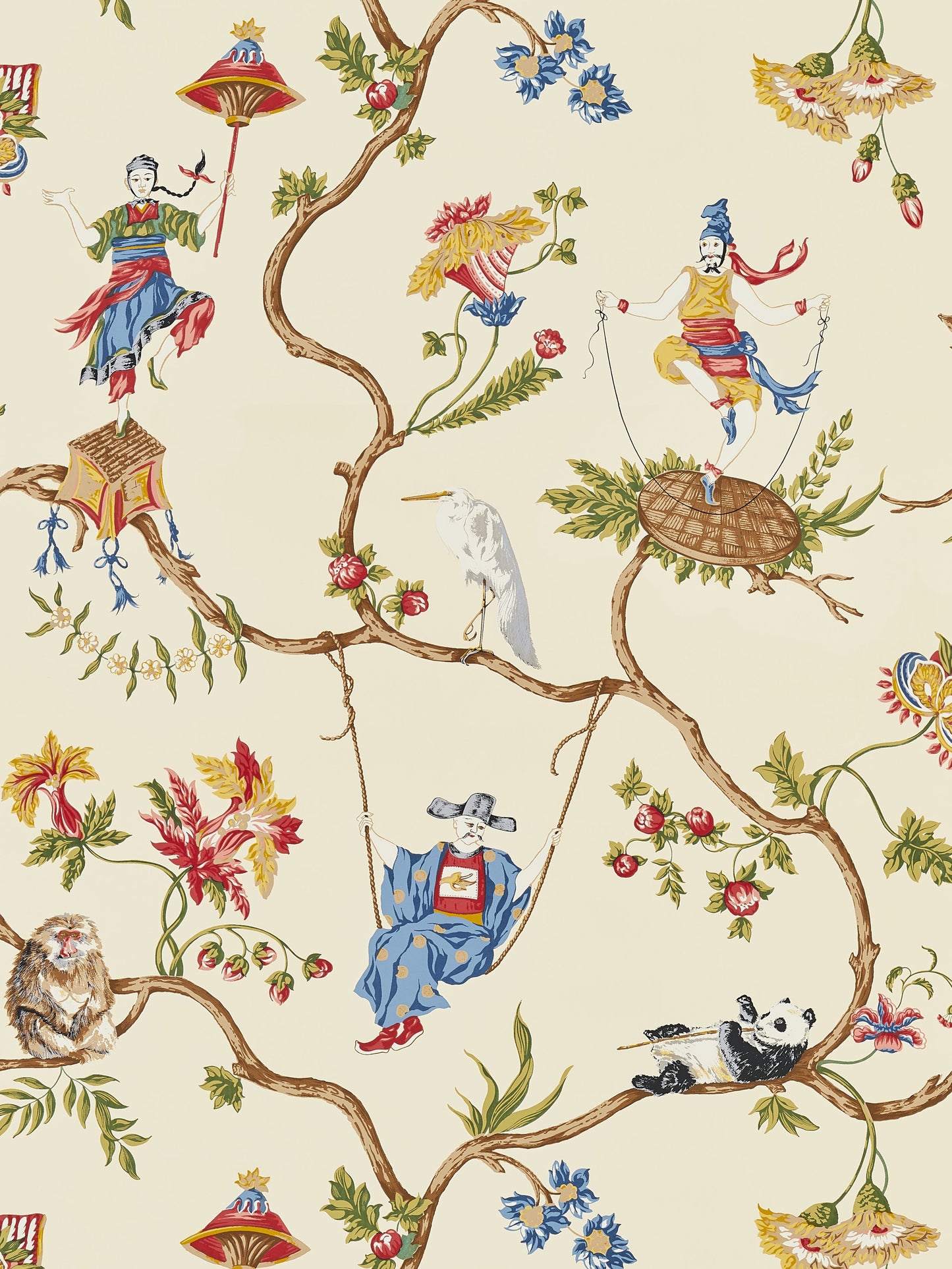 Beige chinoiserie wallpaper pattern featuring birds, animals, botanical foliage and florals.