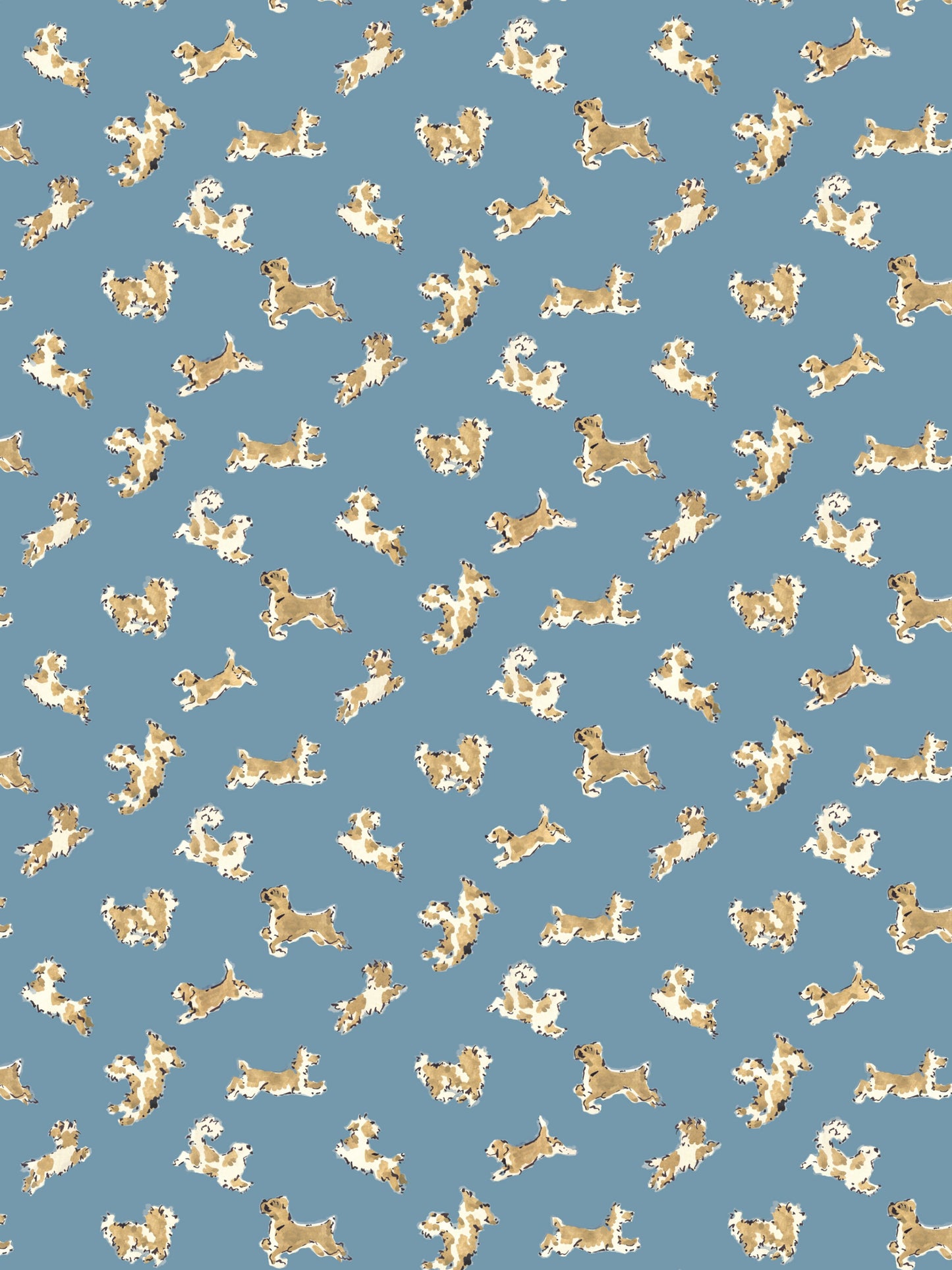Repeating beige dog silhouettes on a muted blue background; playful fabric/wallpaper pattern.