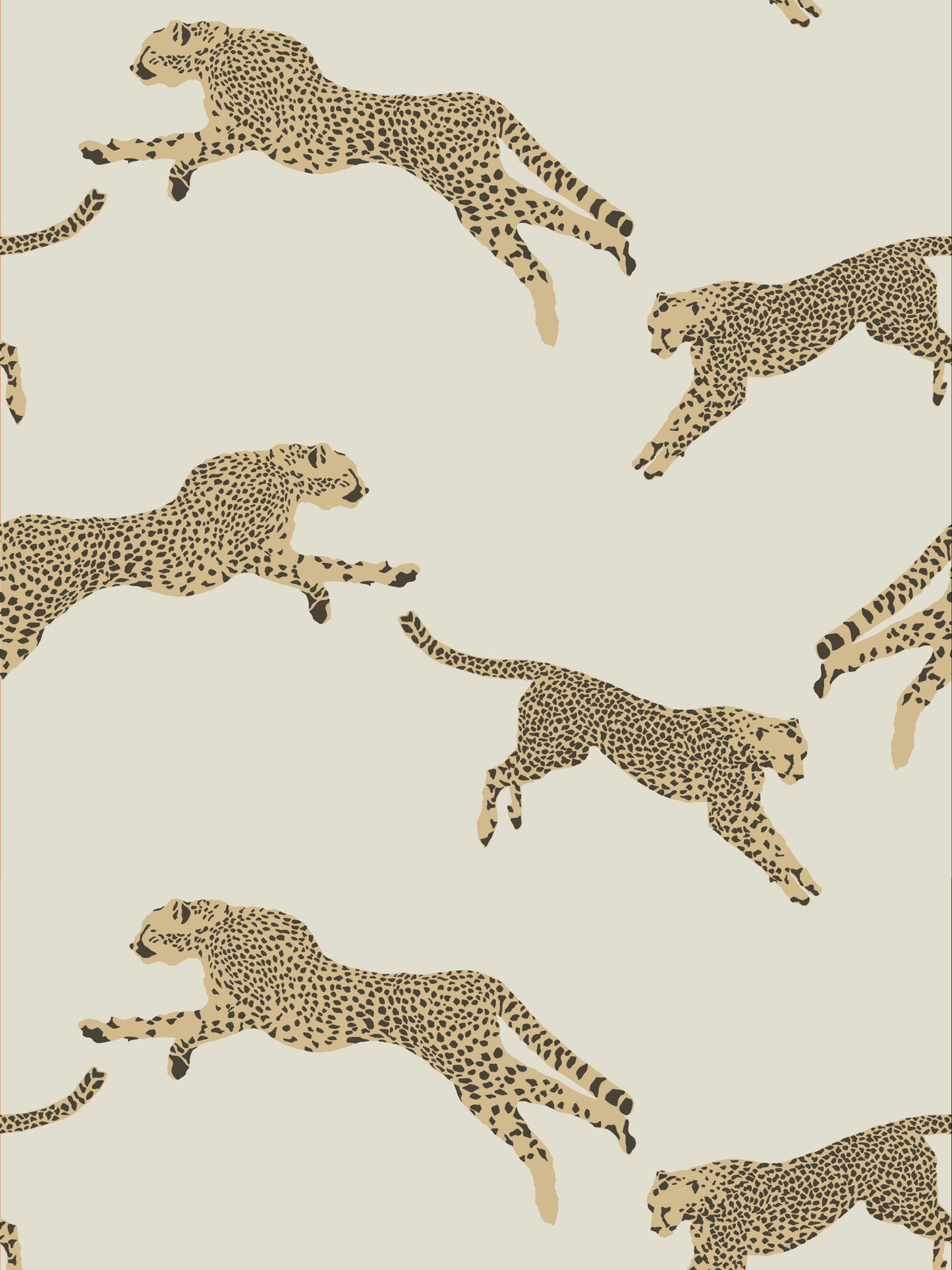 Beige wallpaper with a repeating pattern of tan spotted leopards leaping across a light cream background.