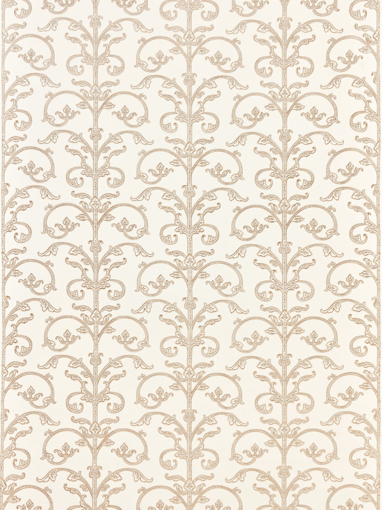 Beige damask wallpaper with vertical scrolling floral vines on cream background; vintage wallcovering.