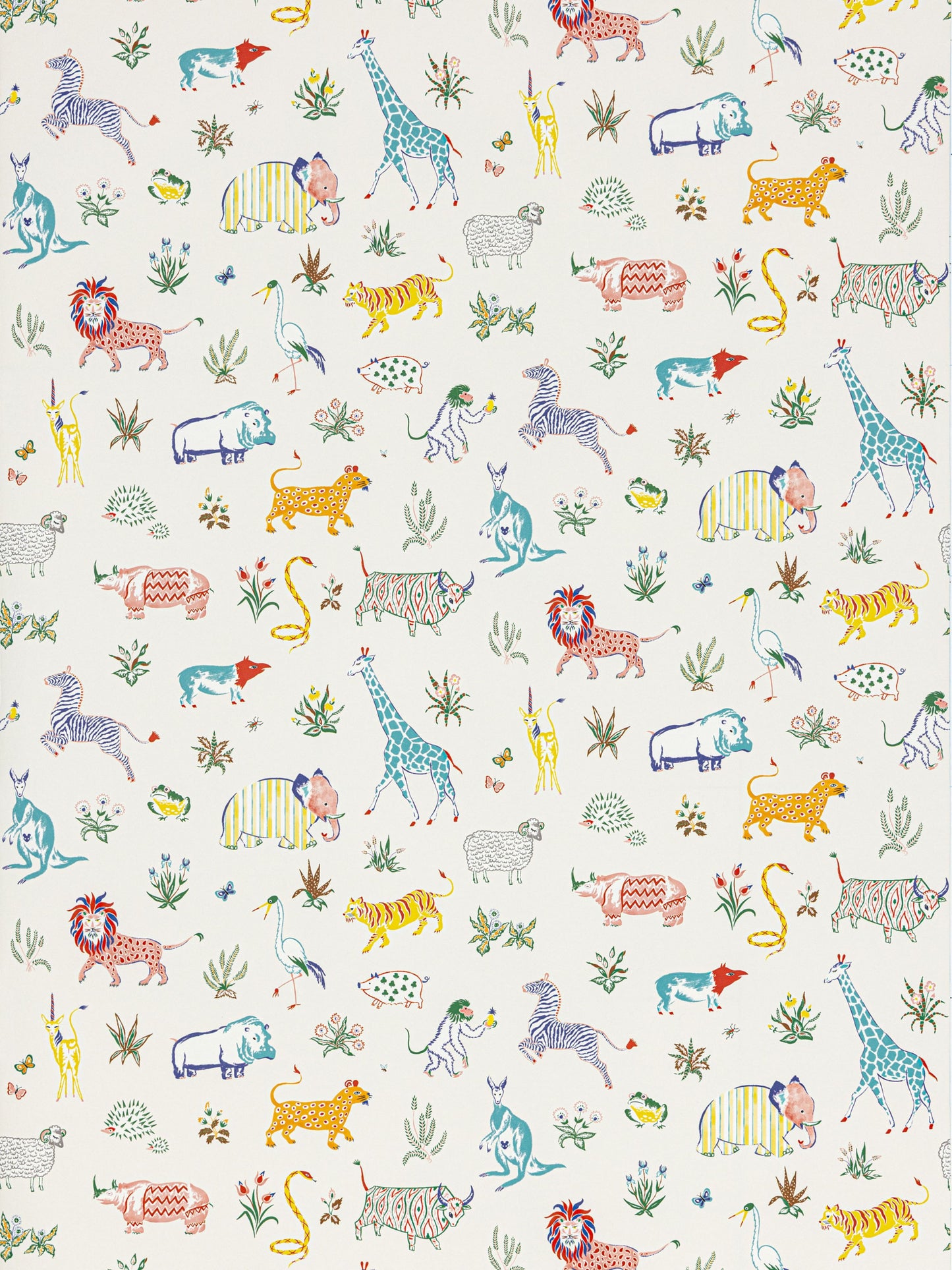 Colorful safari animal pattern with giraffes, lions, elephants and zebras on a light cream background; playful fabric print.