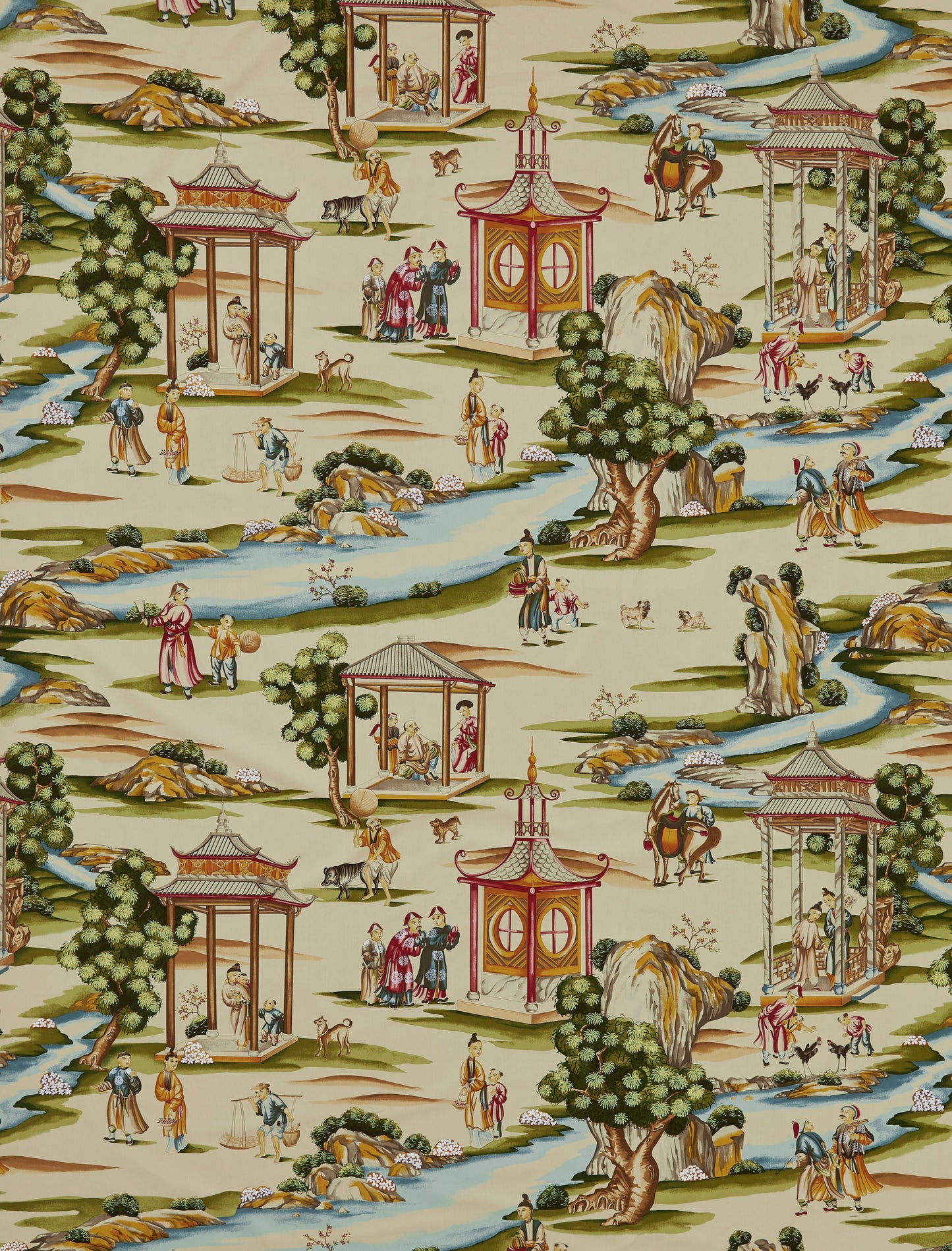 SCALAMANDRE SHANGHAI COTTON PRINT FABRIC MULTI ON TEA STAIN - SC 000216264 NEW SKU # SC162640002