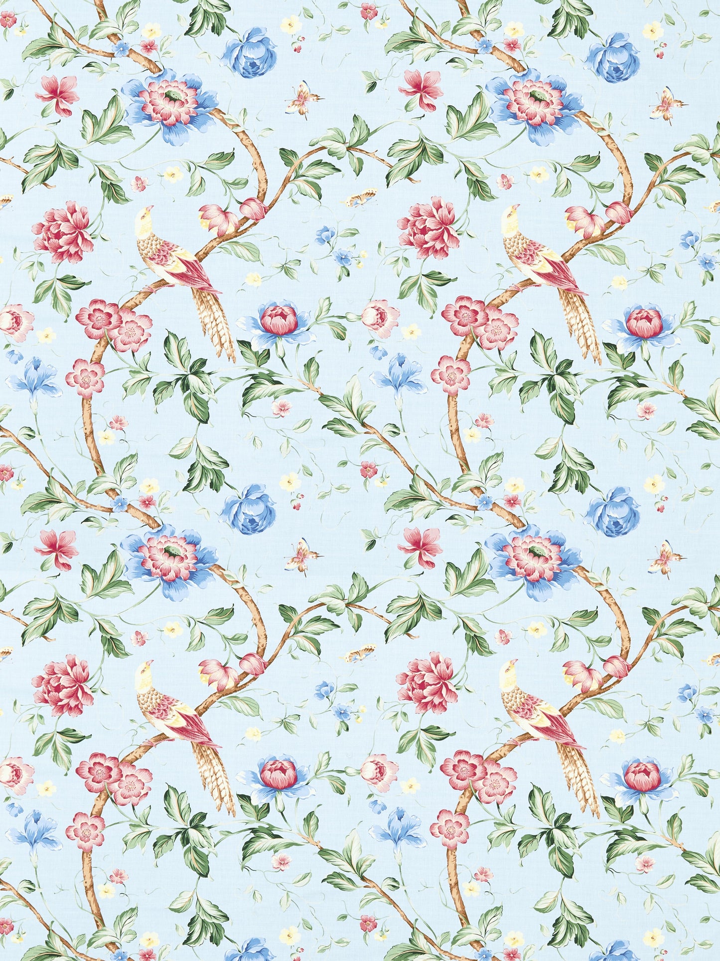 Pastel blue fabric featuring curved brown branches, pink and blue flowers, green leaves, and colorful birds.