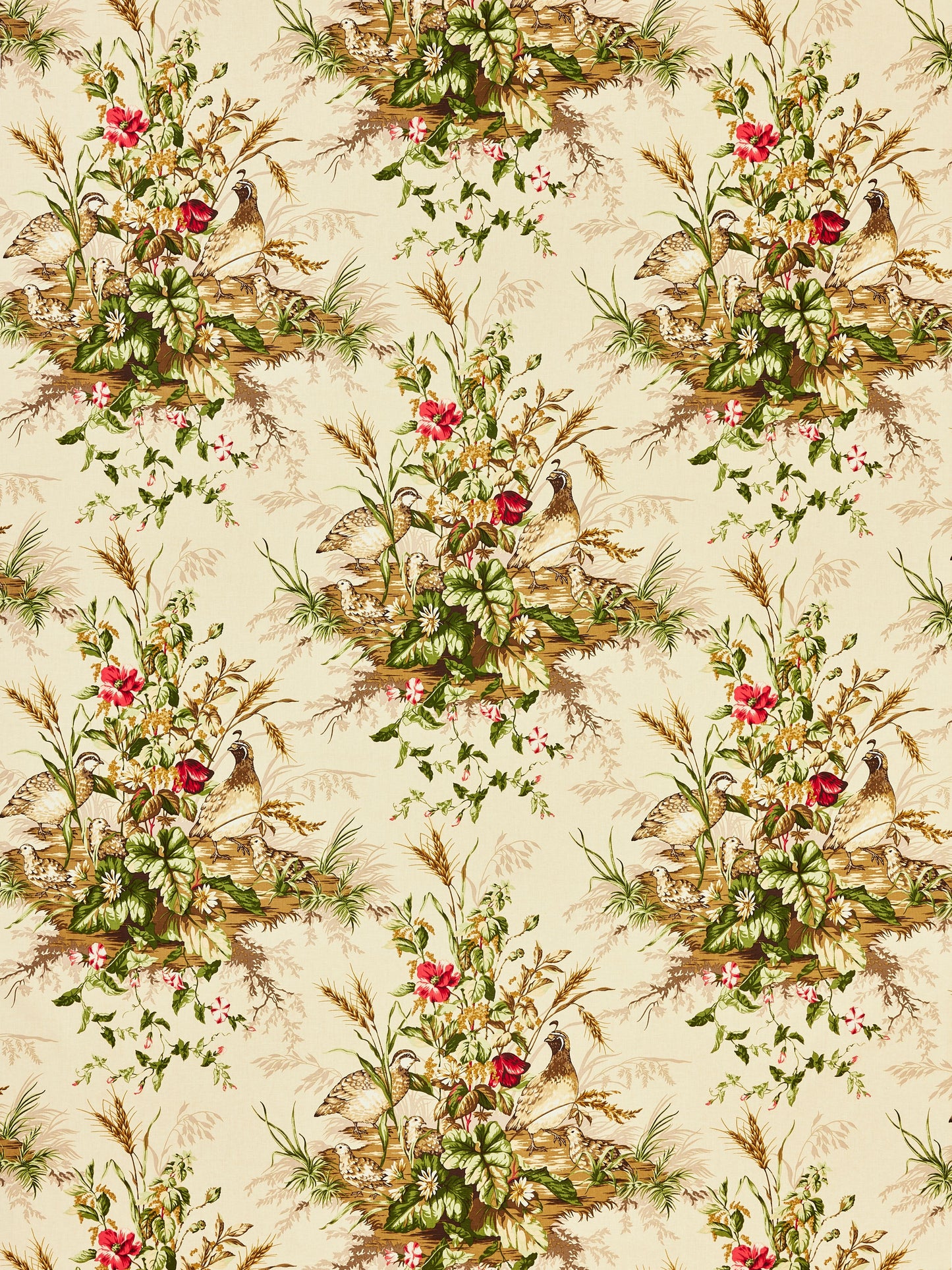 Beige toile pattern featuring birds, greenery & pink-red flowers in pastoral garden vignette; vintage textile style.