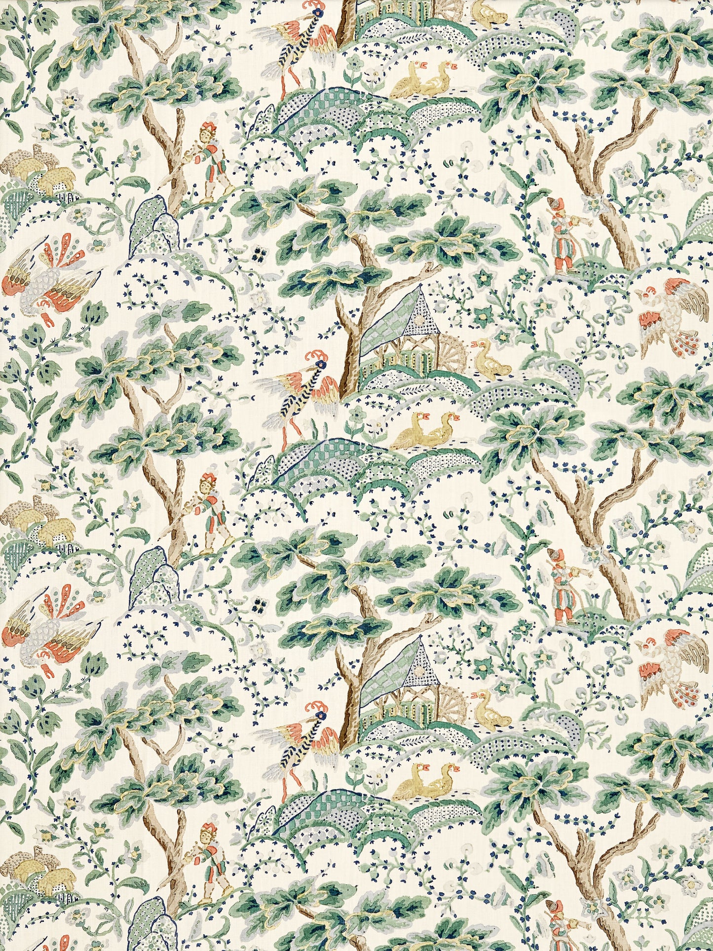 Cream wallpaper with chinoiserie landscape: green trees, pagodas, birds and figures in teal, peach and brown.