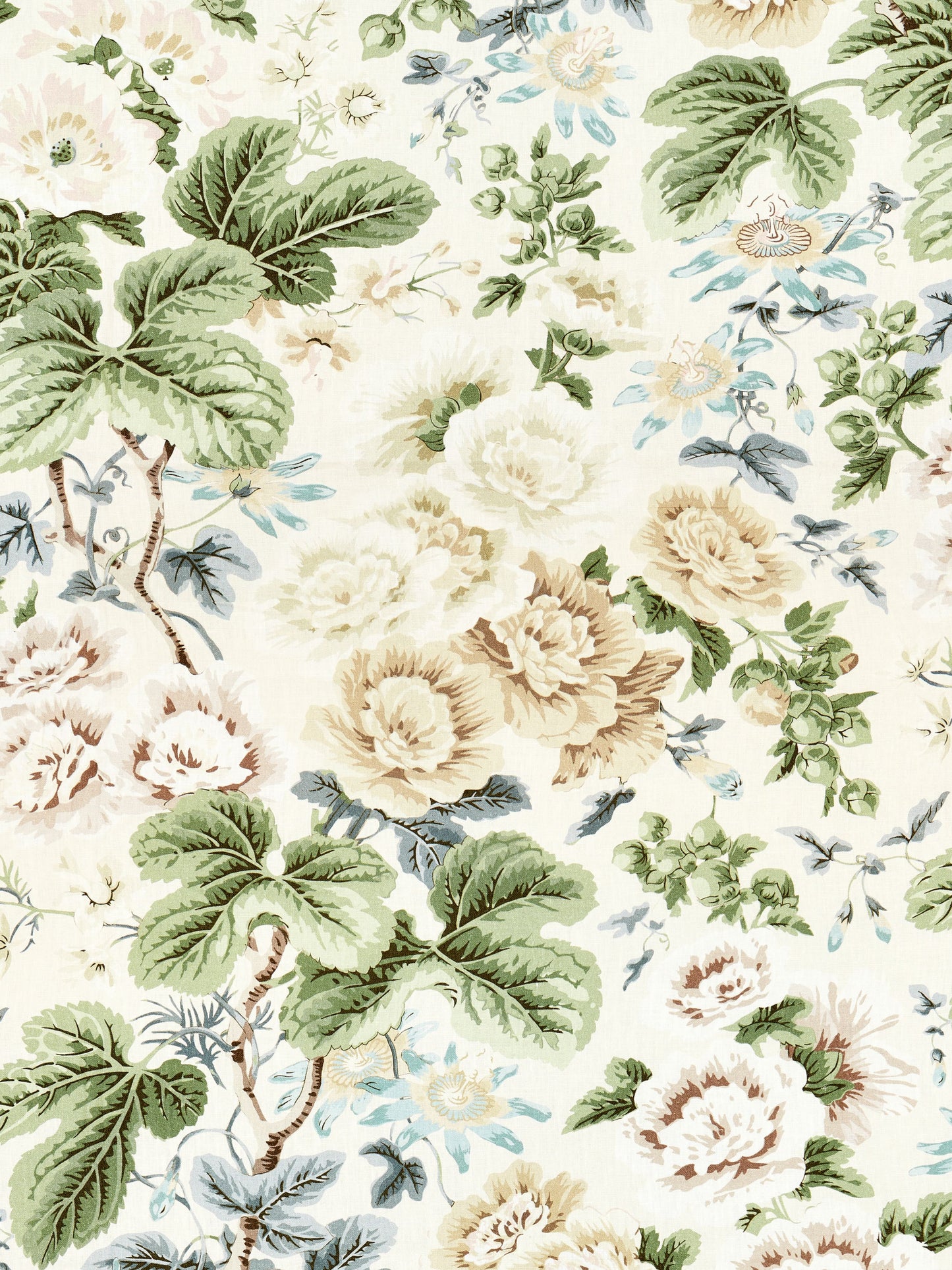 Cream floral fabric with large beige roses & green leaves in a vintage botanical print.