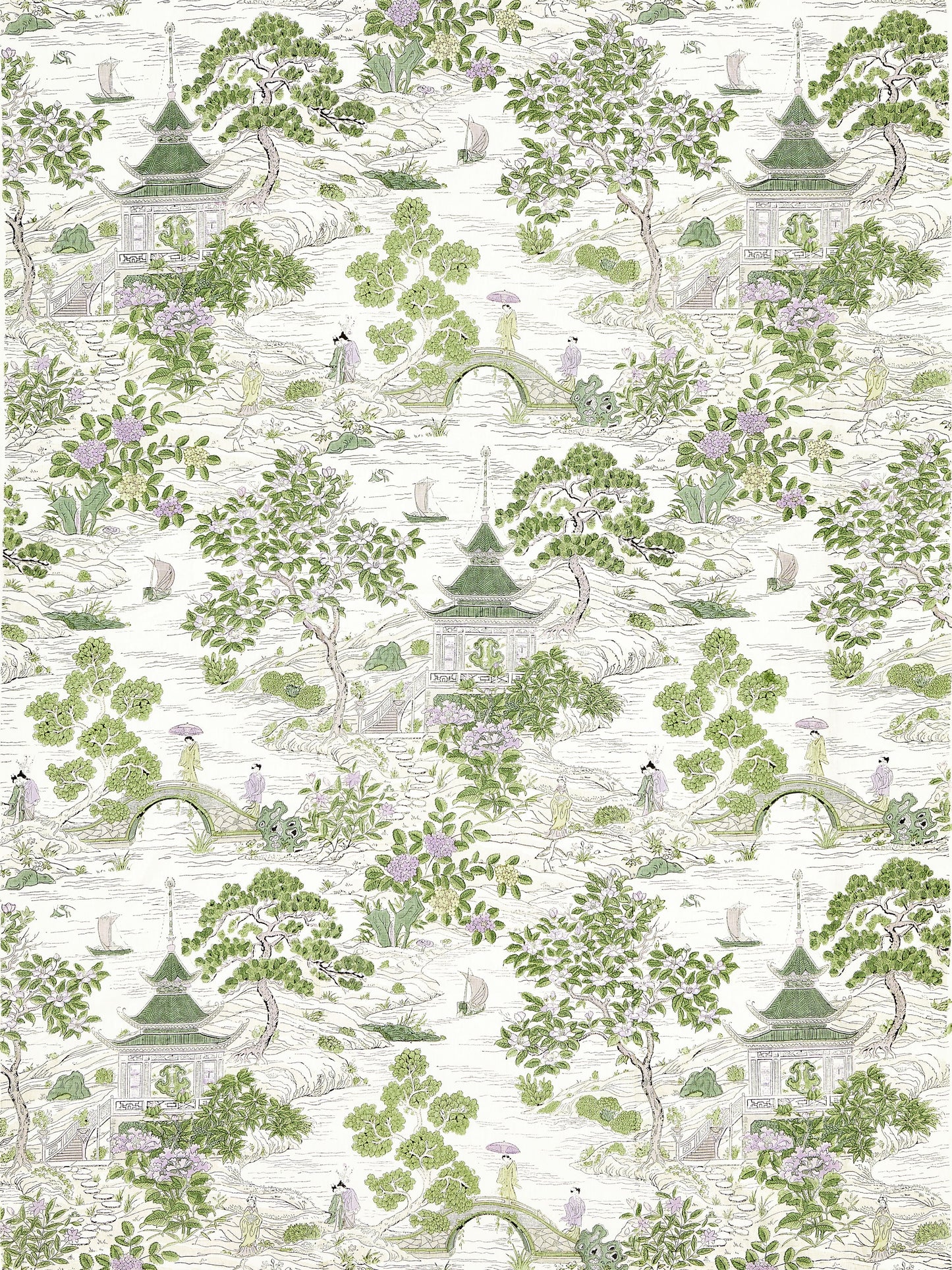 Intricate Asian garden wallpaper with pagodas, arched bridges, boats, and lush green trees with lavender blossoms.