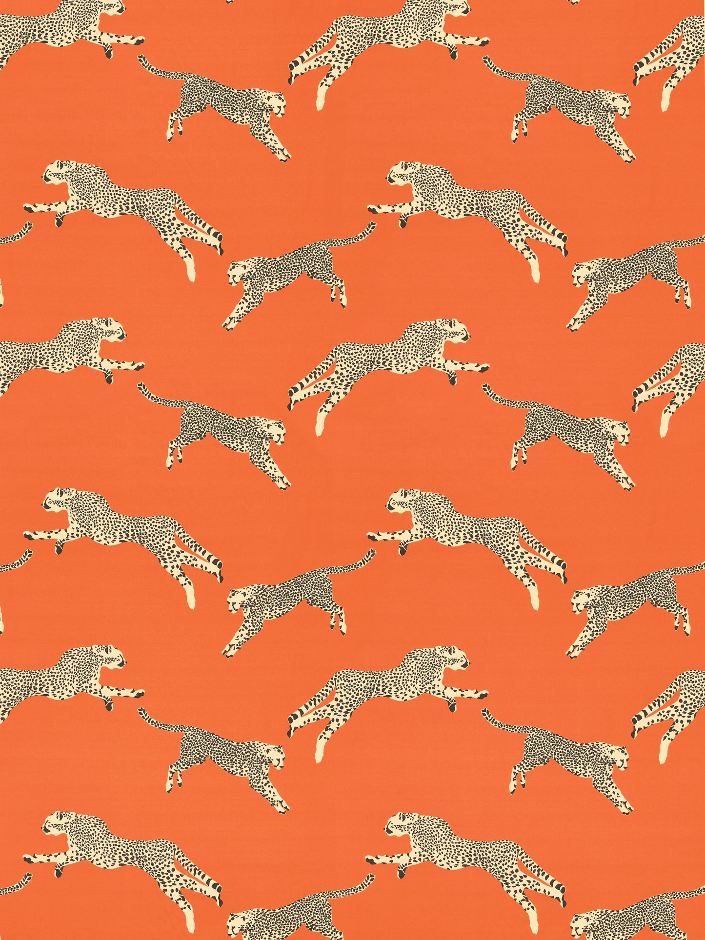 Orange background with cream leopard silhouettes running in a repeating pattern; bold animal print fabric.
