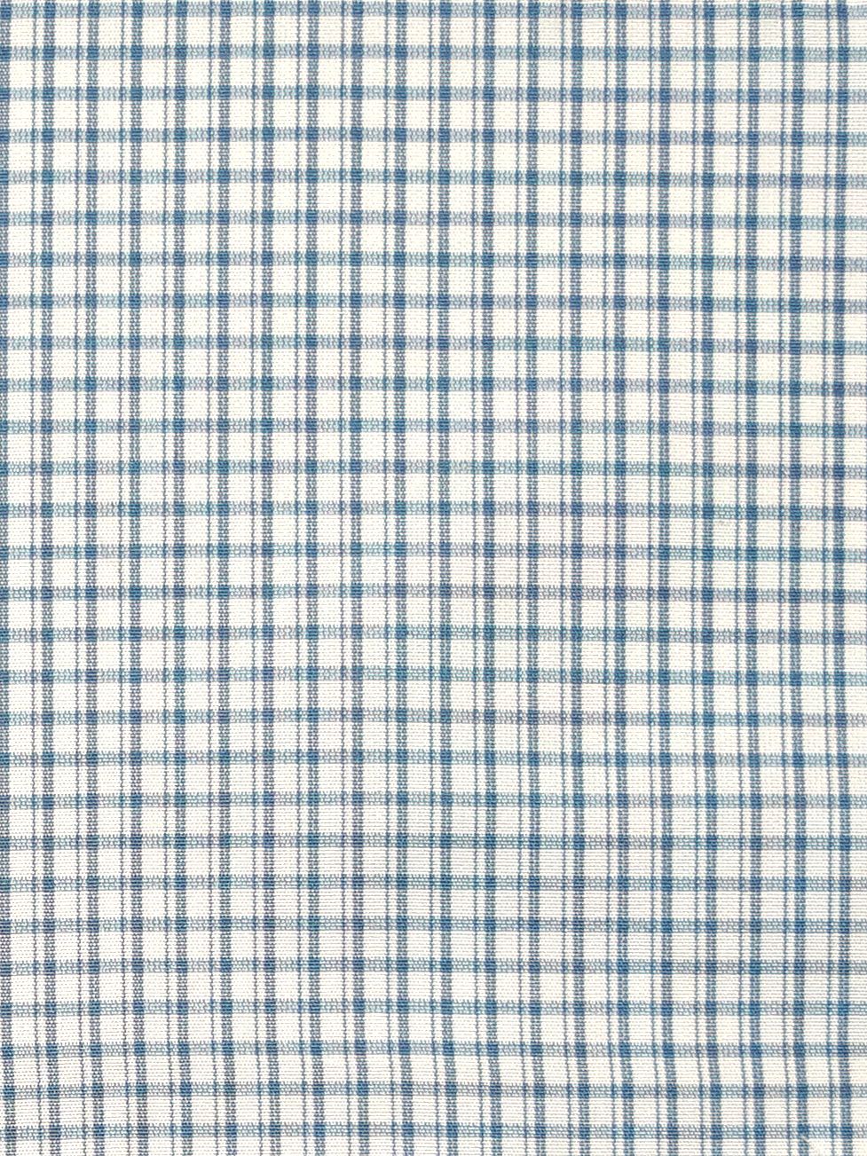 Indigo and white gingham fabric with a small check grid; lightweight cotton.