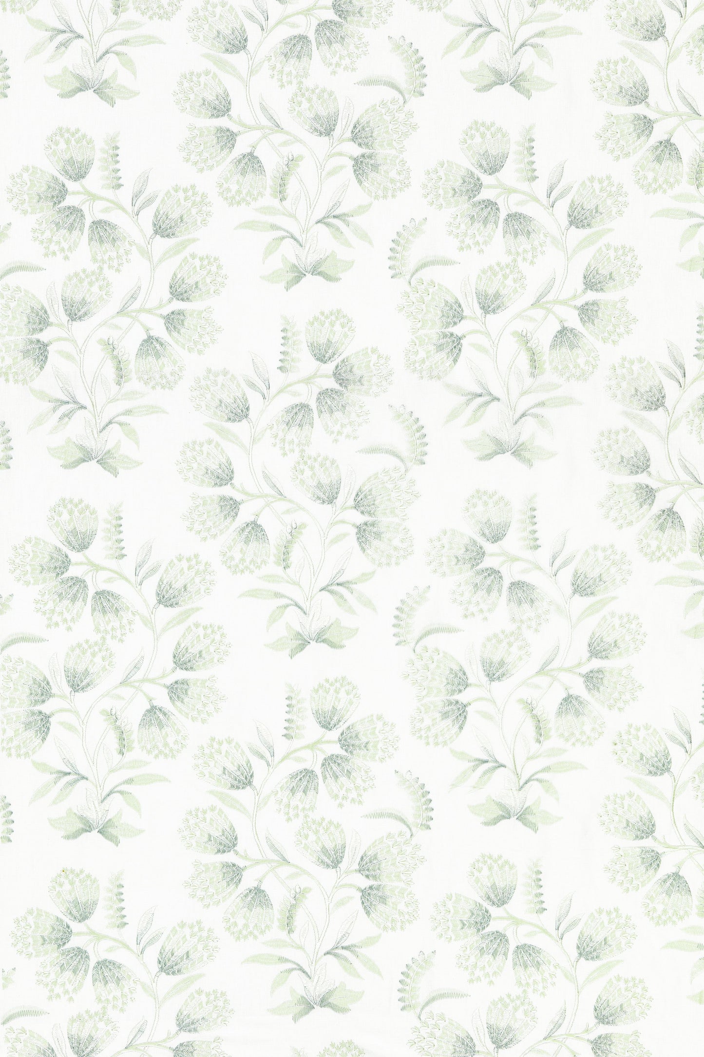 White backdrop with pale sage-green botanical floral pattern, airy stems and clusters.