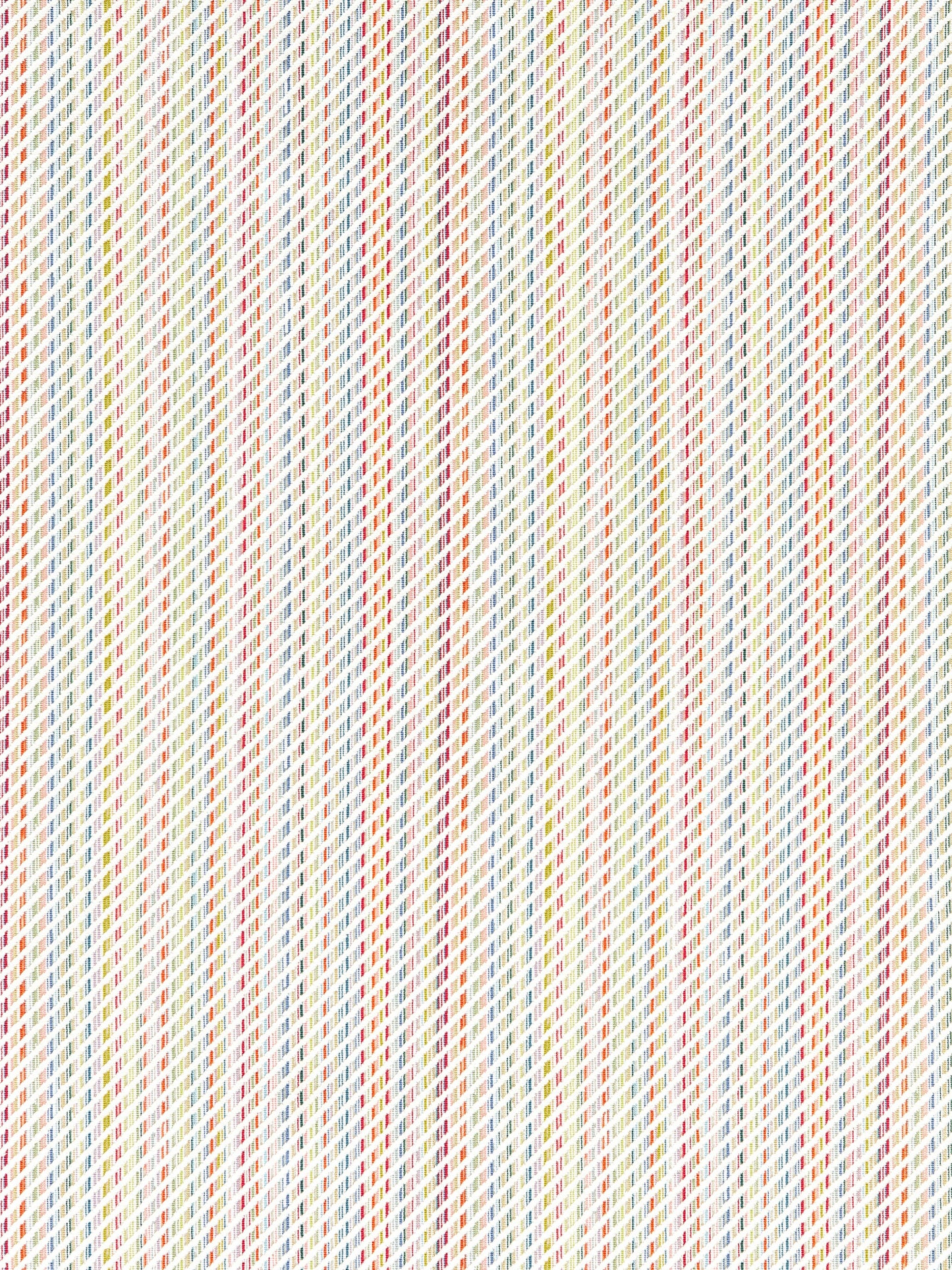 Diagonal multicolor striped woven fabric with red, blue, green and yellow threads on cream background.