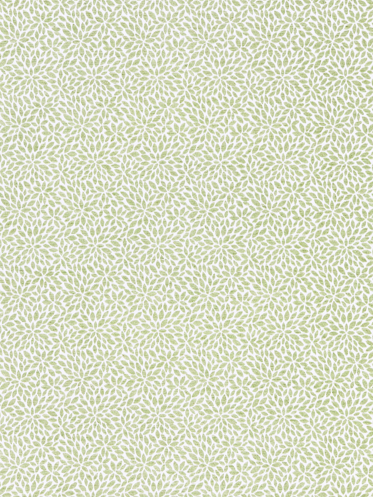 Olive green leaf starburst pattern with repeating botanical motifs on light beige background; fabric/wallpaper print
