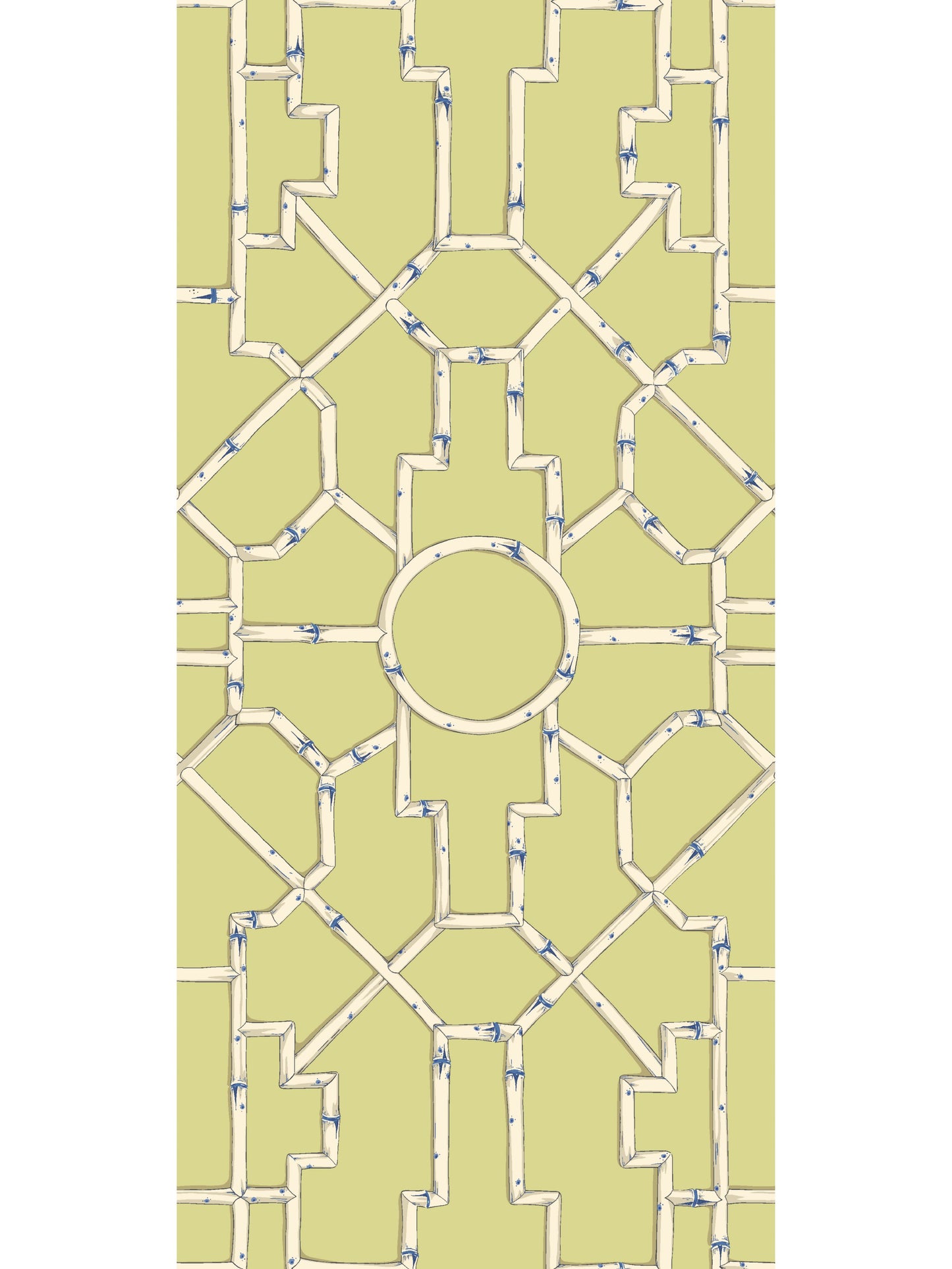 SCALAMANDRE BALDWIN BAMBOO CHINOISERIE FRETWORK , LATTICE CREAM & BLUE ON LETTUCE - SC 0002WP81630D NEW SKU # SCWP816300002