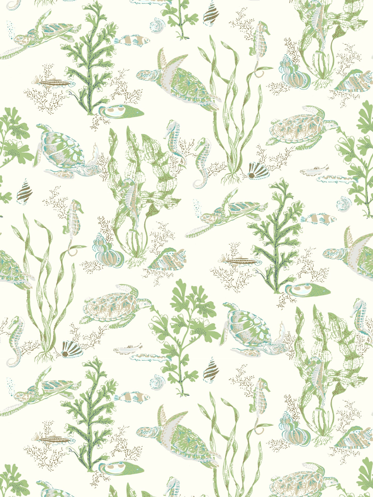 Cream background with pastel green seaweed, turtles, fish & shells in a coastal botanical print for wallpaper/fabric.