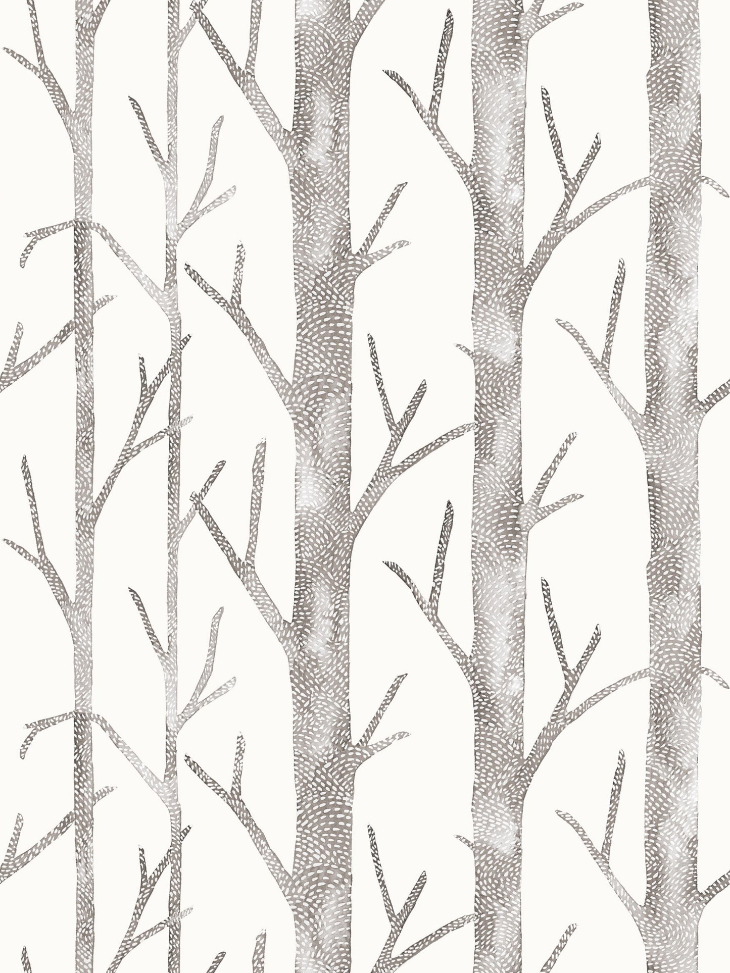 Repeating pattern of gray tree trunks with bare branches on a light background; wallpaper or fabric design.