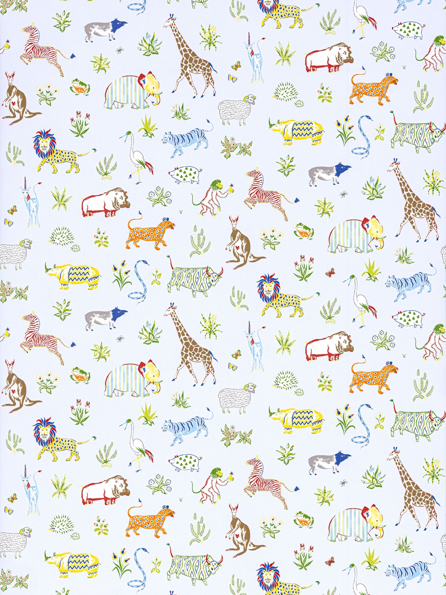 Pastel safari animal pattern wallpaper featuring giraffes, elephants, lions, zebras, and monkeys against a powder blue backdrop.