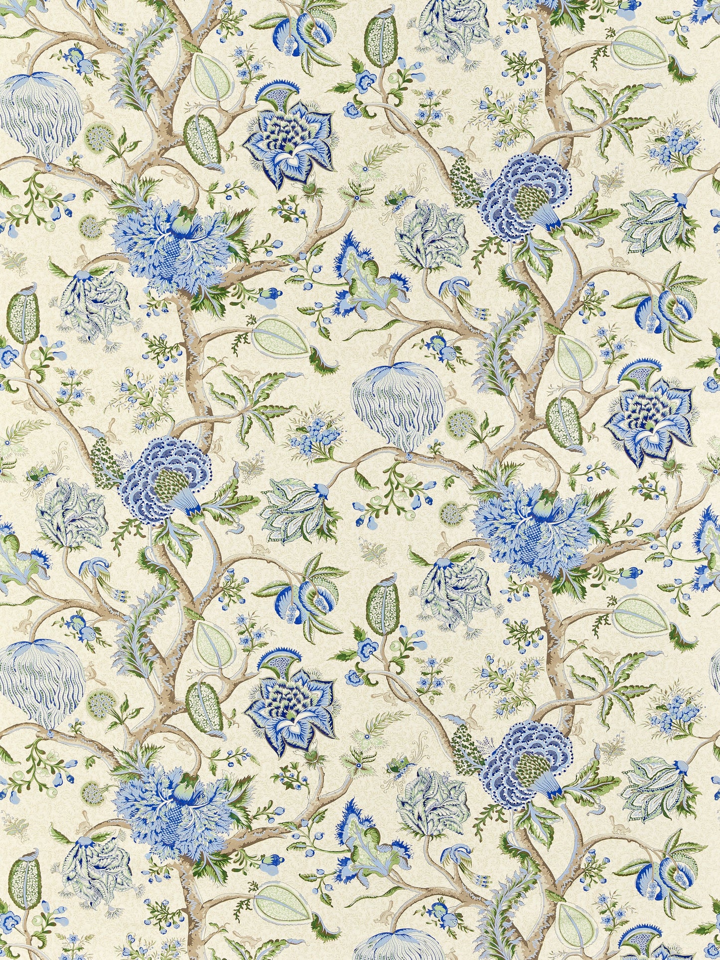 SCALAMANDRE PONDICHERRY COTTON PRINT FABRIC BLUE, GREEN ON CREAM - SC 000316430 NEW SKU # SC164300003
