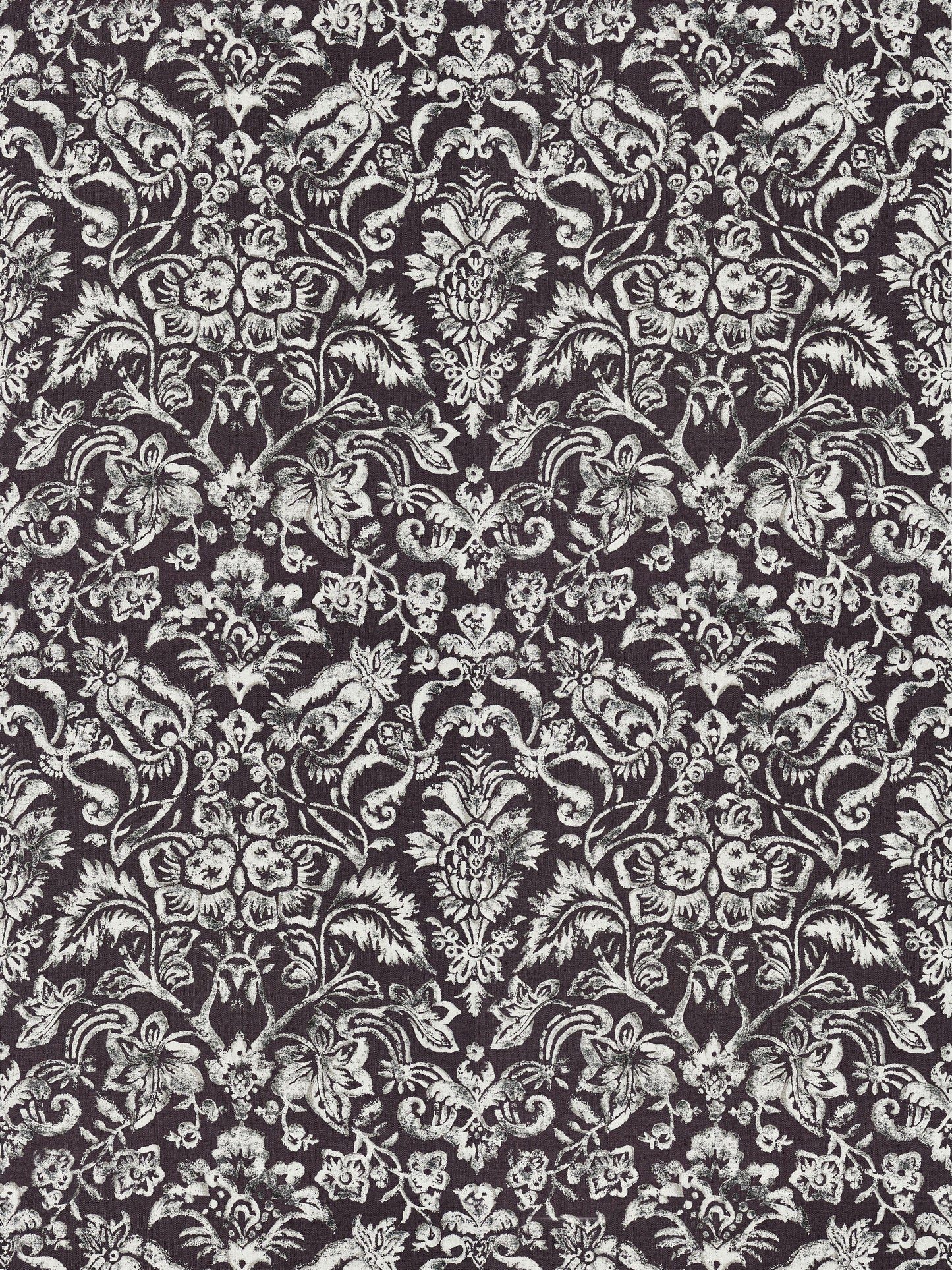 Charcoal damask pattern with intricate light gray floral scrolls and medallion motifs; fabric texture.