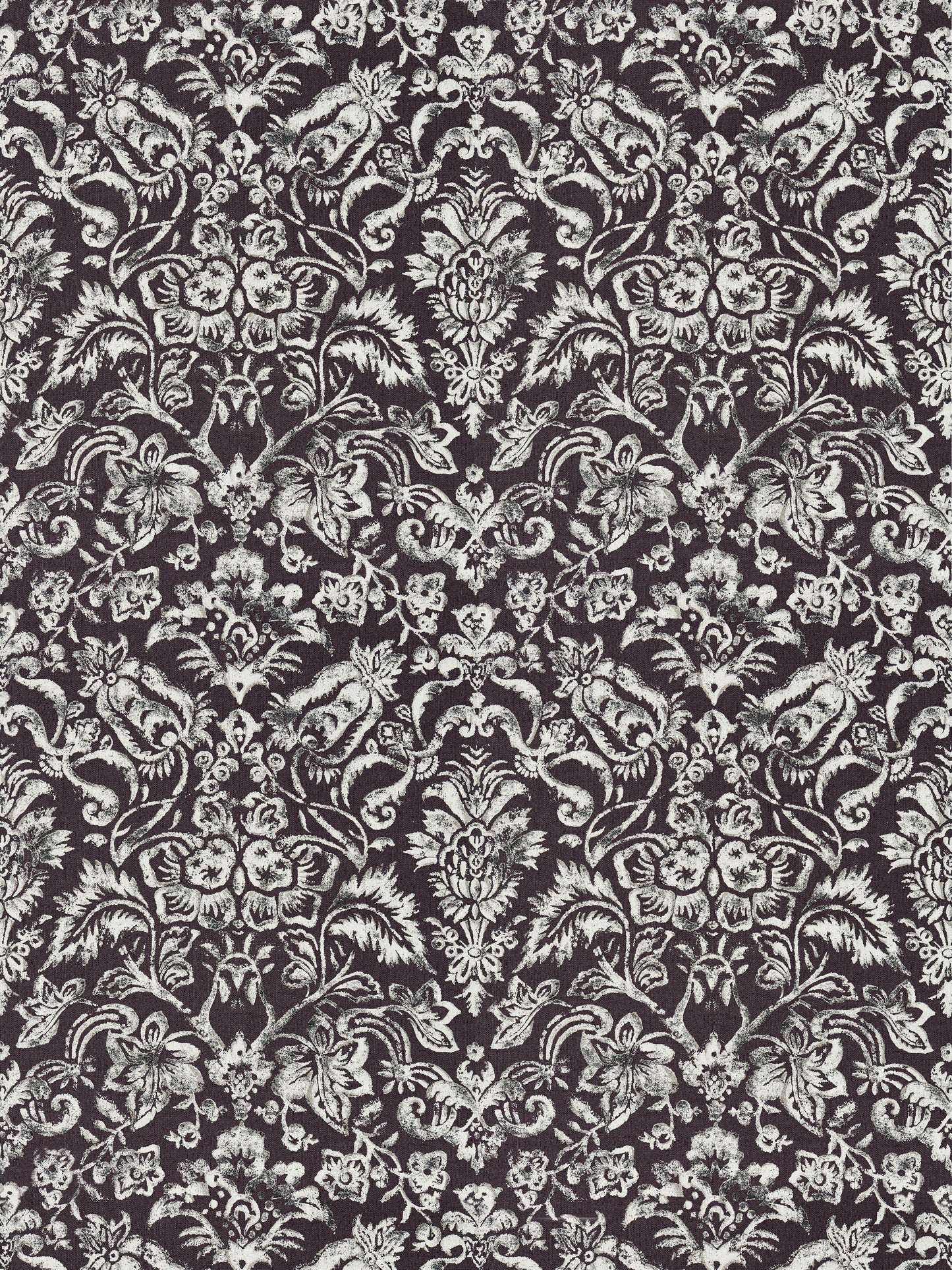 Charcoal damask pattern with intricate light gray floral scrolls and medallion motifs; fabric texture.