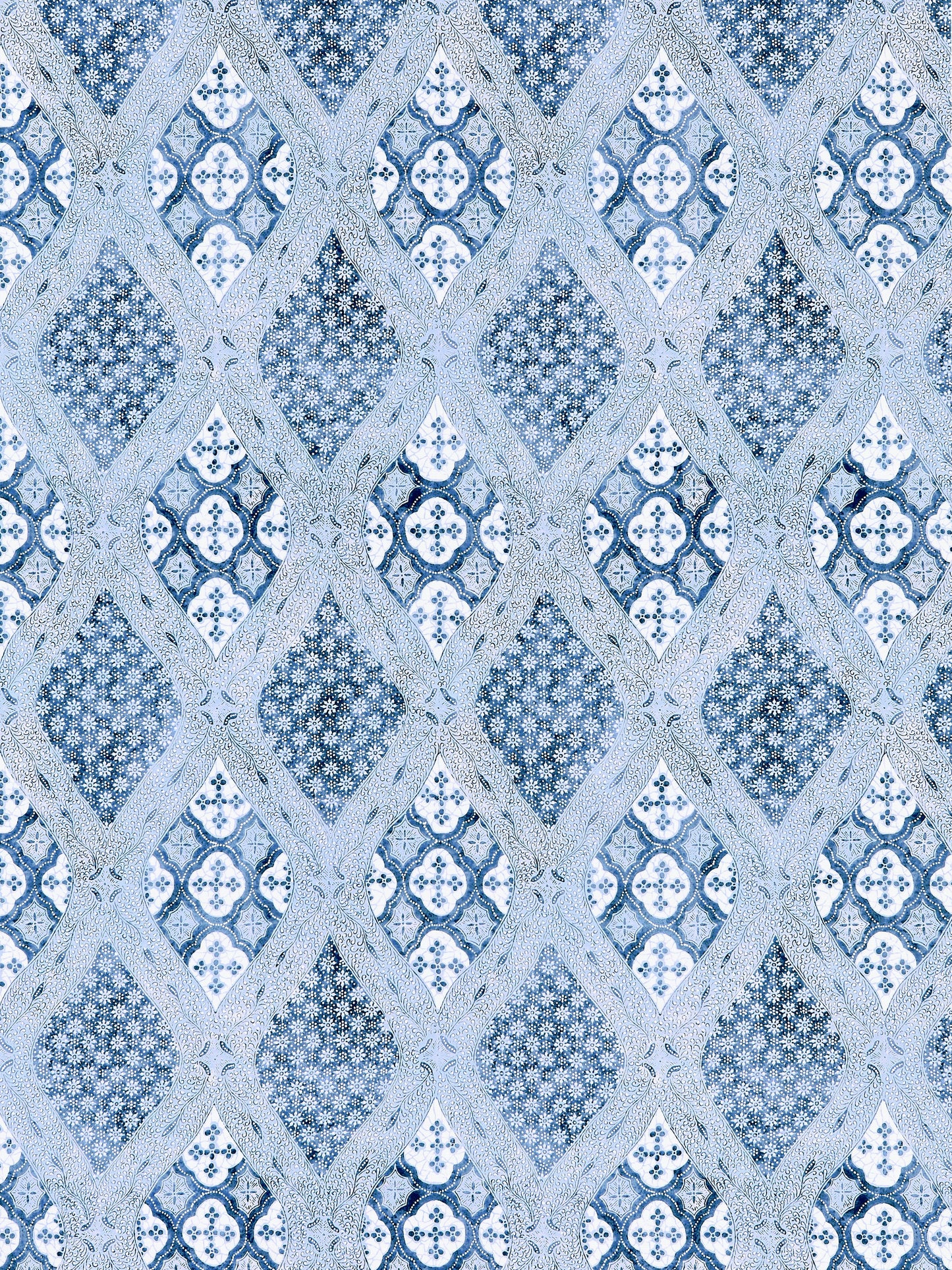 Blue and pale-blue diamond lattice pattern with floral motifs; lace-like textile or wallpaper print.