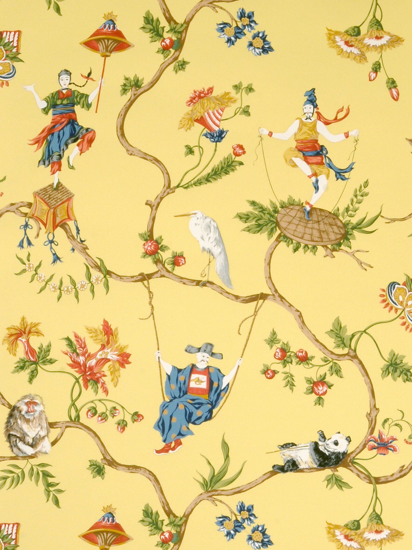 Yellow wallpaper with a winding tree of colorful acrobats, birds, flowers and small animals perched along branches.
