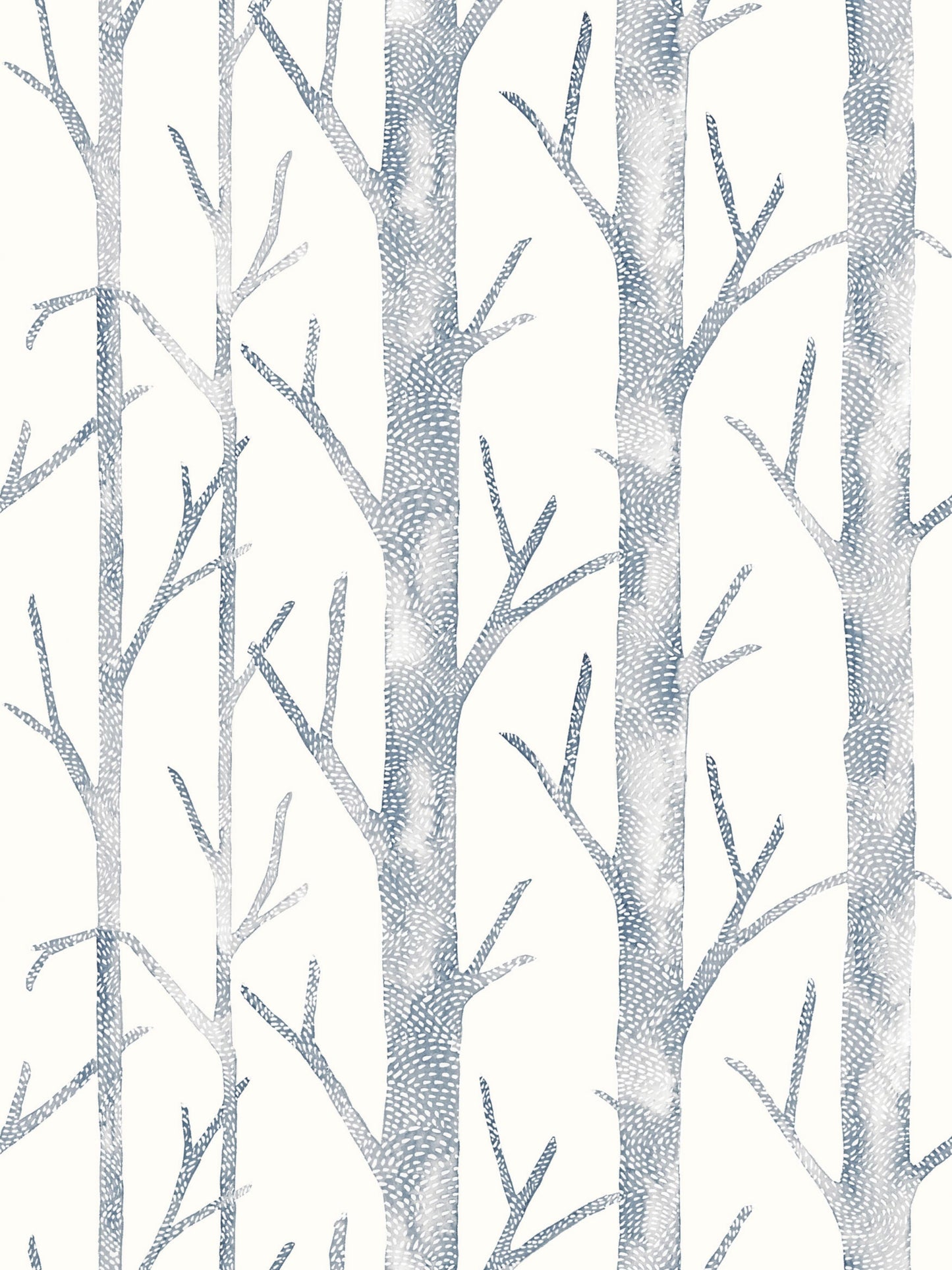 Blue-gray birch tree wallpaper with tall trunks and sparse branches on a light background.
