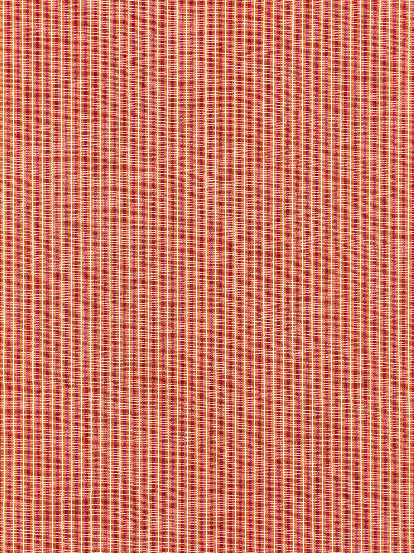 Red and orange striped woven fabric with thin beige pinstripes; textile for upholstery or apparel.