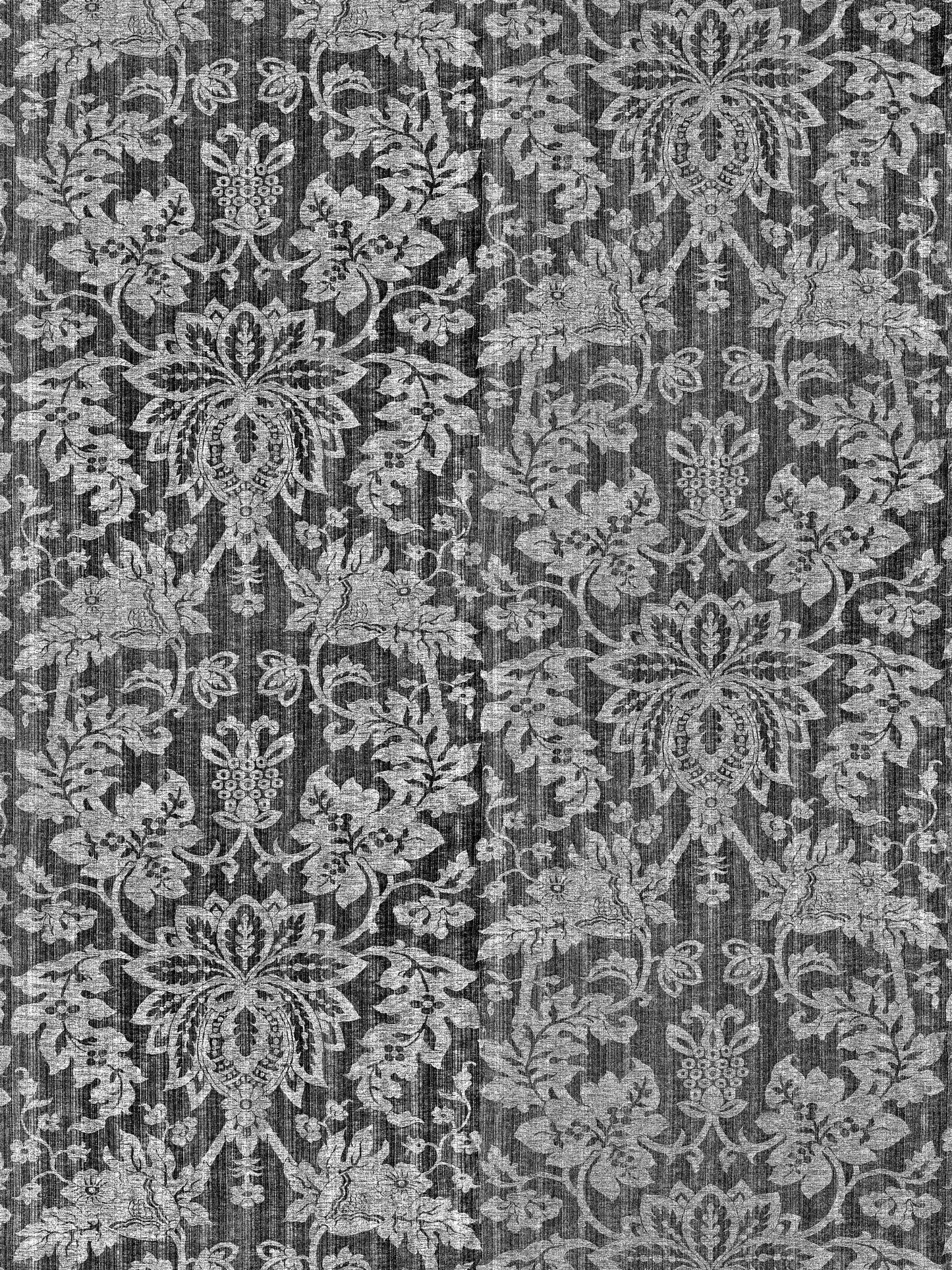 Gray damask floral jacquard textile with silver-toned pattern and ornate scroll motifs; decorative upholstery fabric.