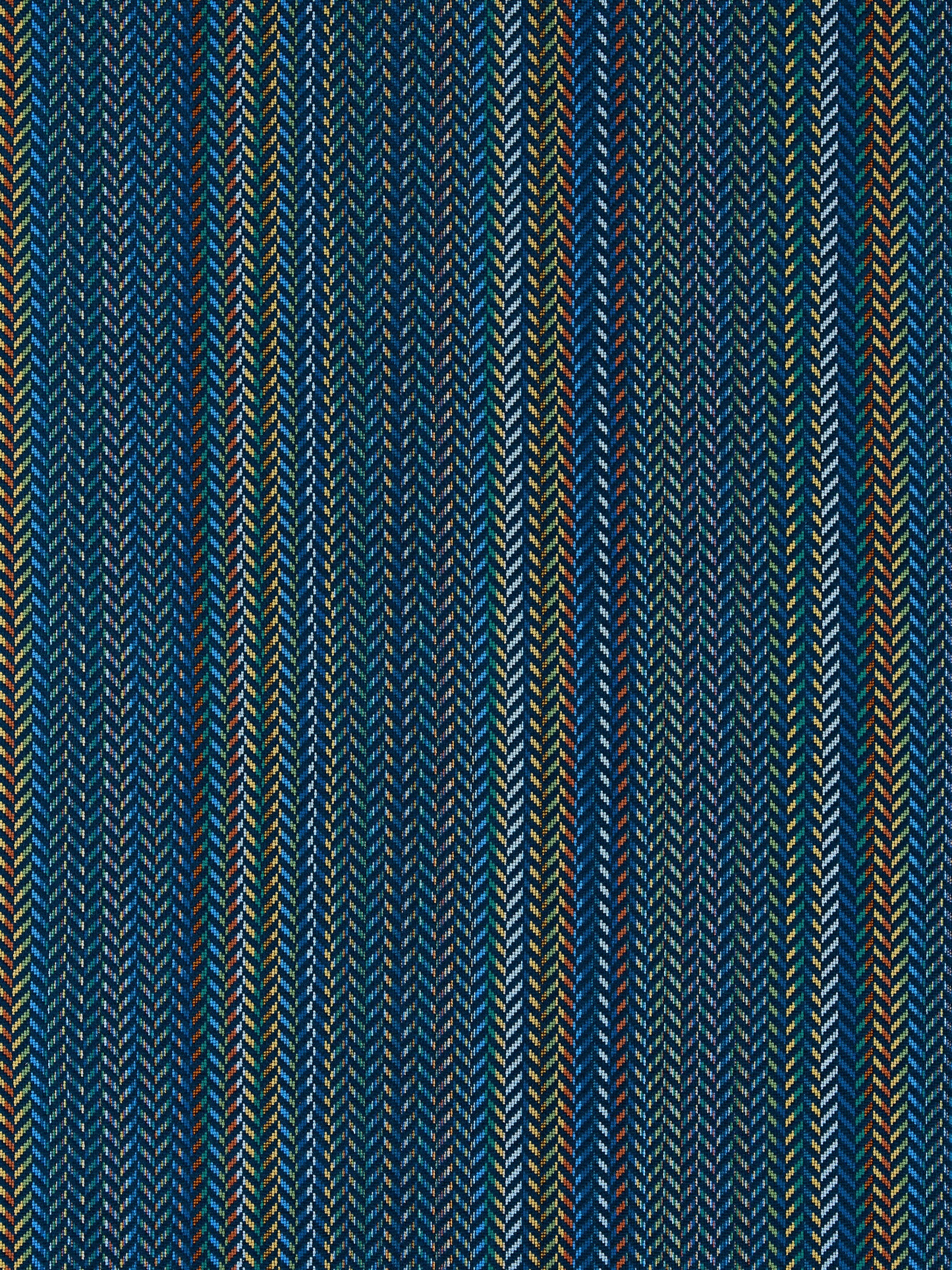 Woven fabric with multicolor vertical chevron stripes in blues, greens and yellows; dense herringbone pattern.
