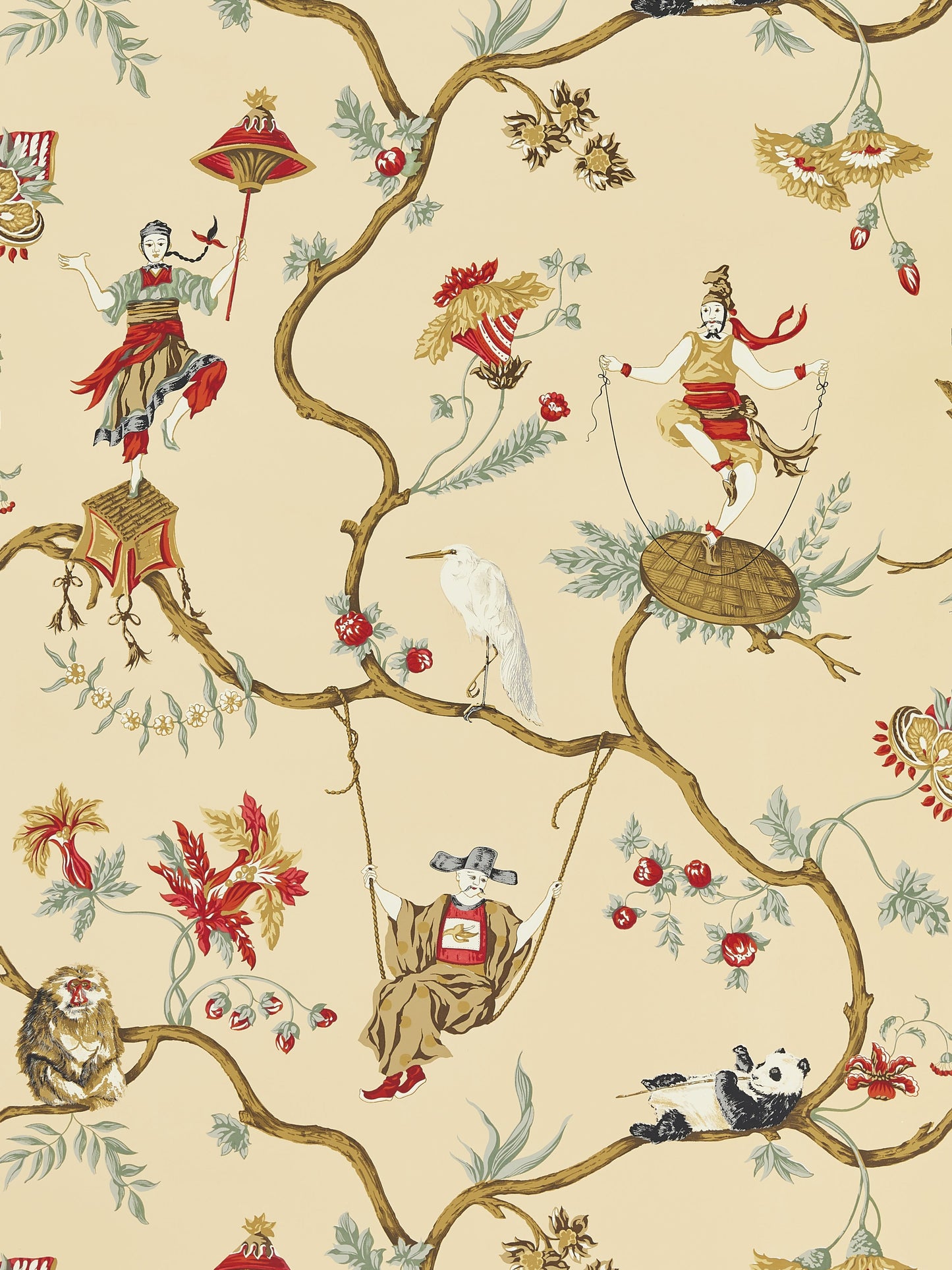 Chinoiserie wallpaper pattern with winding brown branches, colorful figures, a panda, birds and red blossoms on beige.