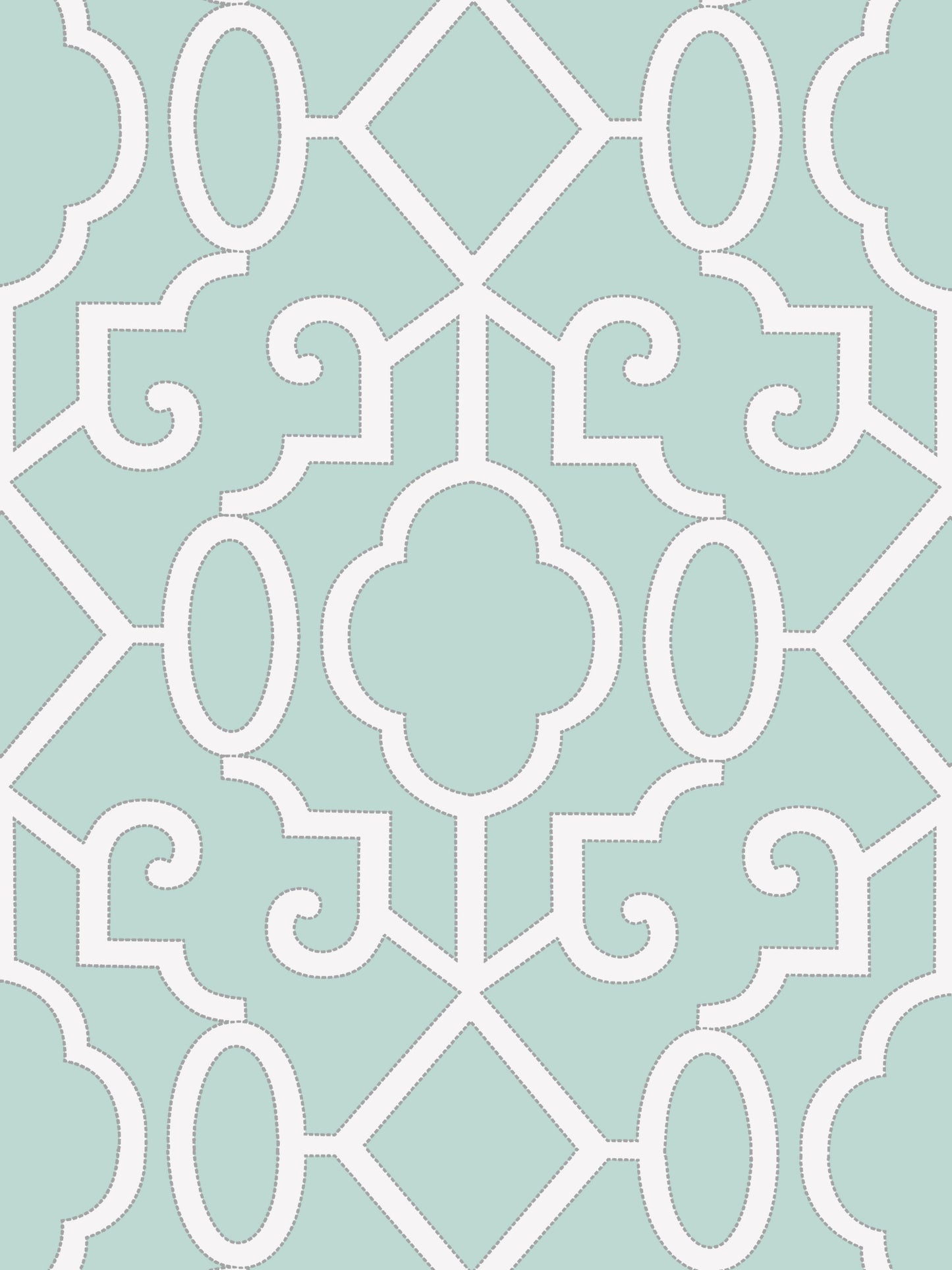 Mint green wallpaper with white interlocking lattice & quatrefoil shapes.