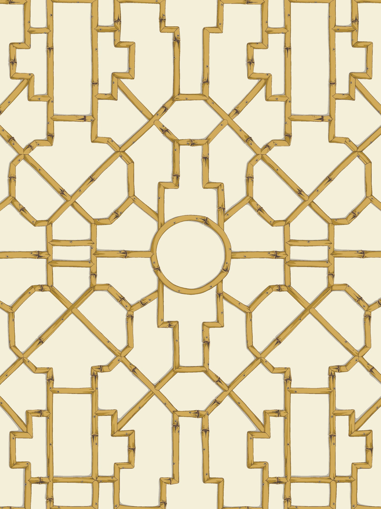 Gold geometric lattice pattern with interlocking shapes and a central circle on a cream background.