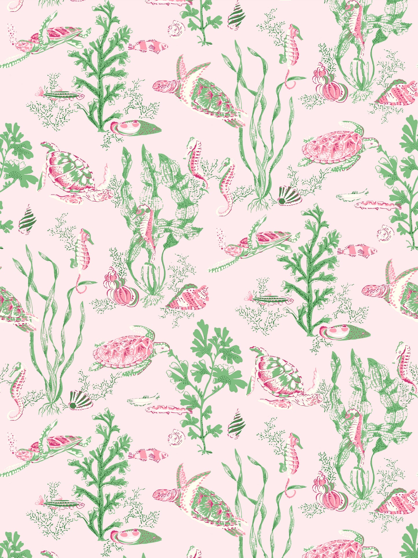 Pastel pink fabric print with green seaweed, pink sea turtles, fish, shells and corals in a whimsical coastal pattern.