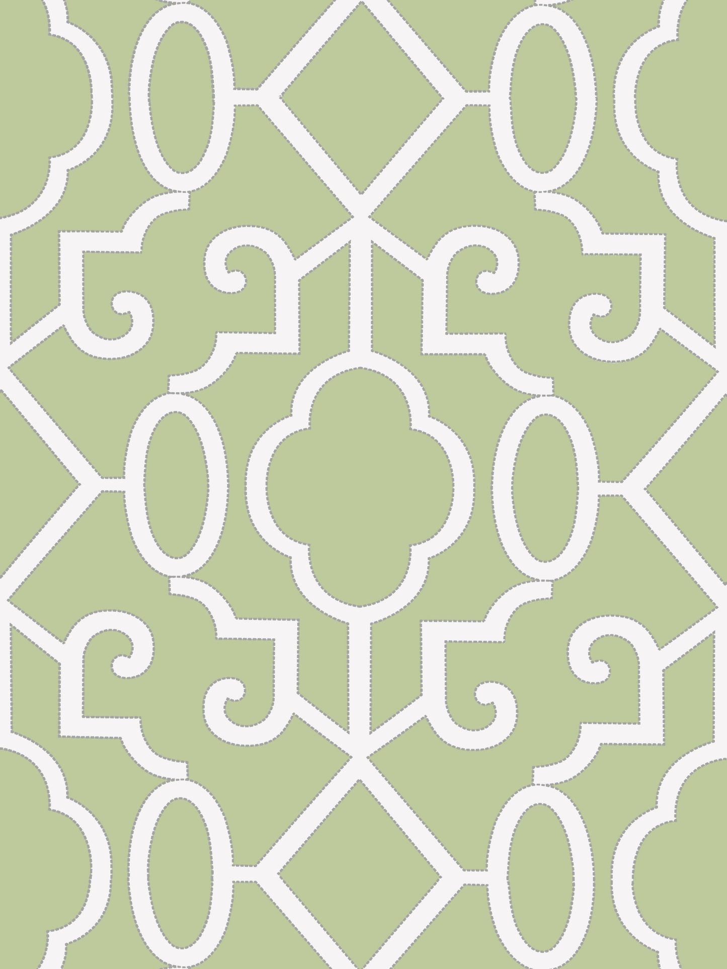 Sage green wallpaper with a white lattice trellis and curved quatrefoil motifs.