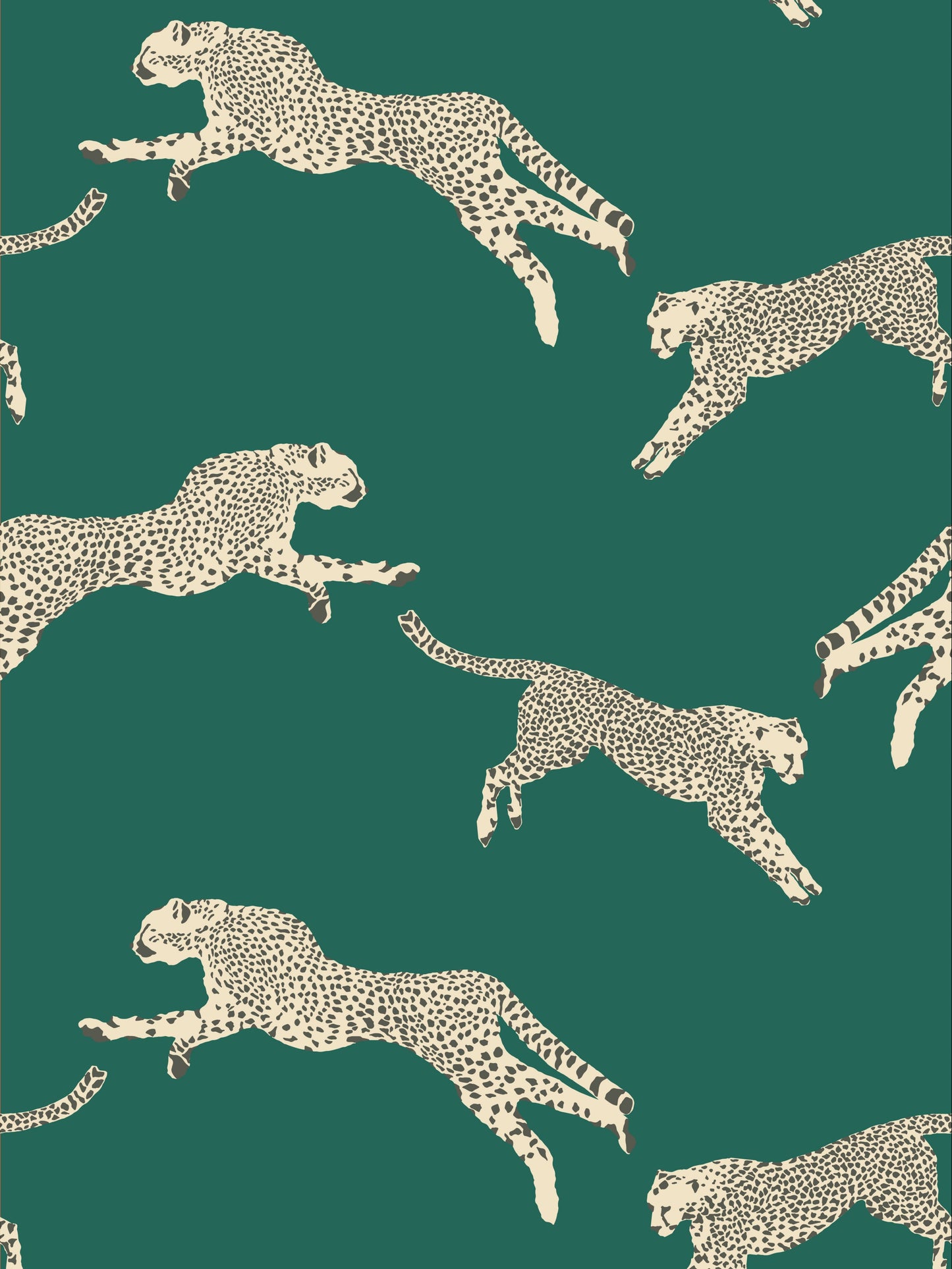 Teal background with repeating cream bird silhouettes; animal-print wallpaper design.
