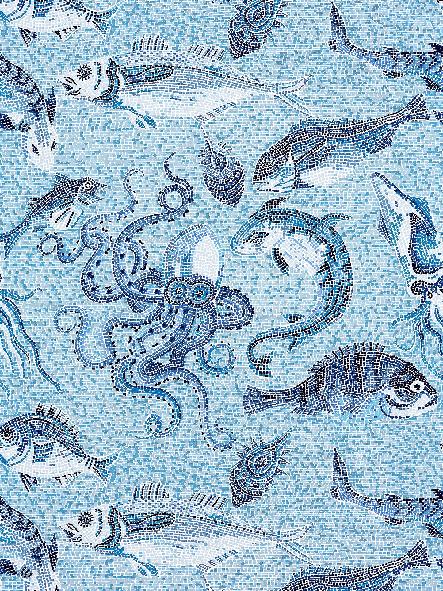 Blue wallpaper pattern of mosaic sea life, featuring an octopus and various fish in different blue tones.