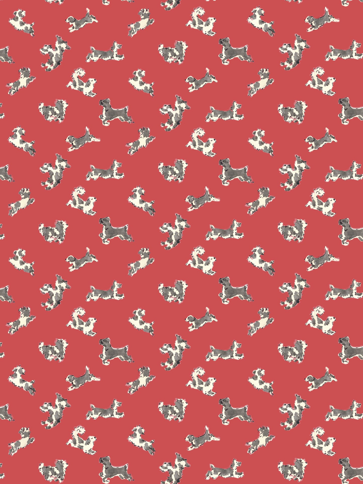 Red fabric with repeating grey and white dog silhouettes; whimsical, vintage-style pattern.