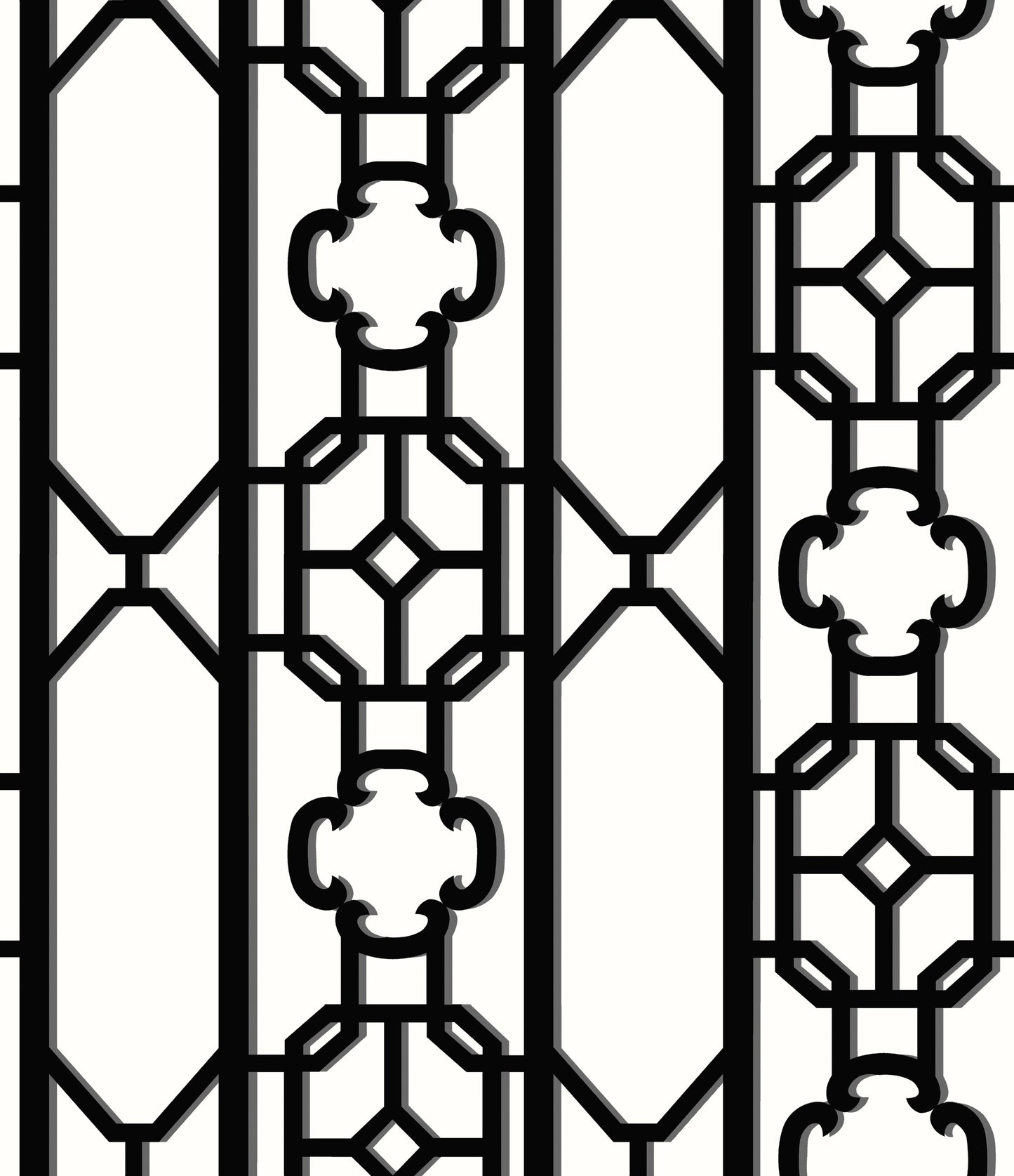 Decorative black wrought-iron fretwork lattice with vertical bars and geometric octagon and clover motifs.