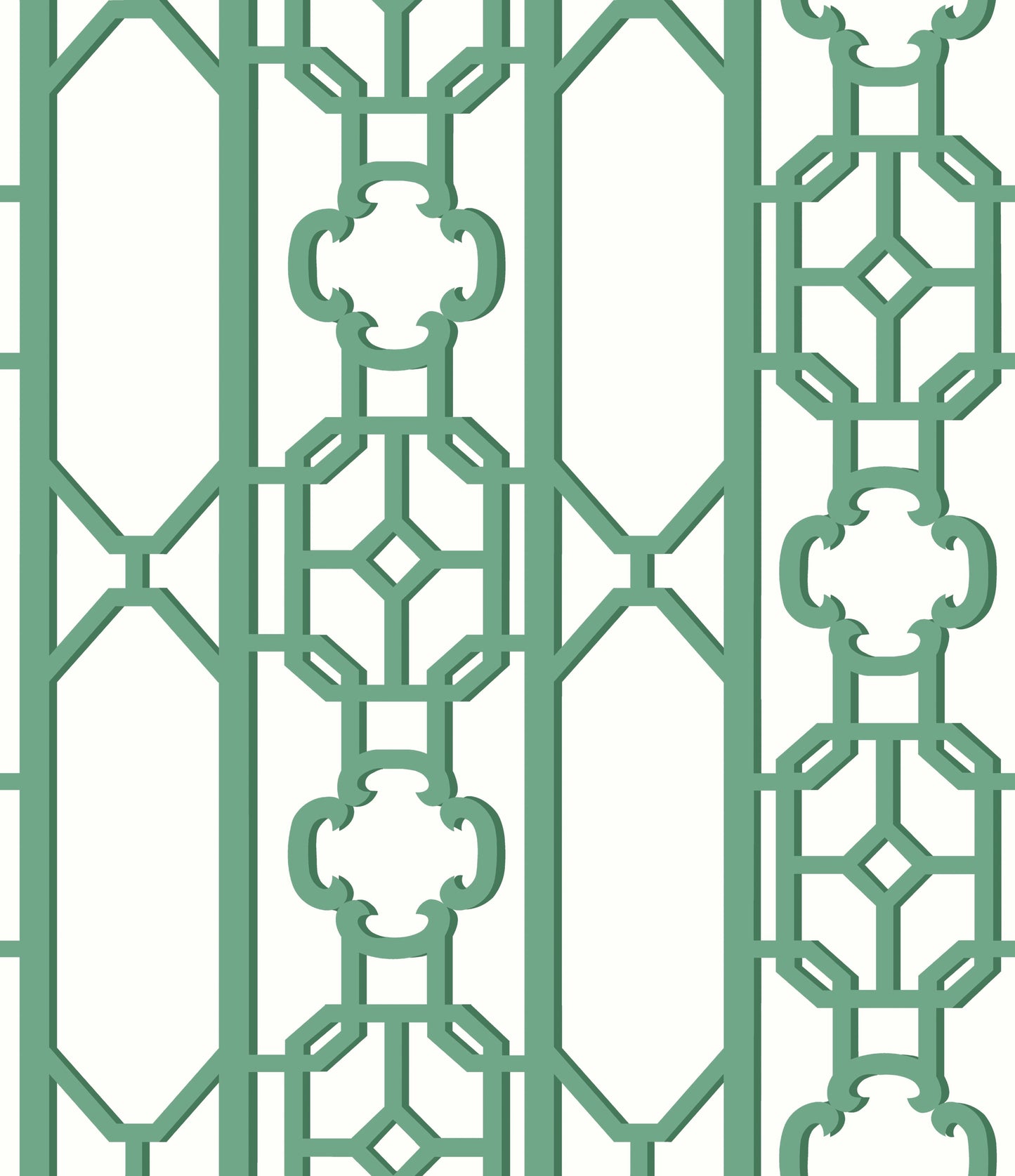 Green decorative metal lattice panel with geometric octagon motifs and ornate connectors; ideal room divider or fence screen.