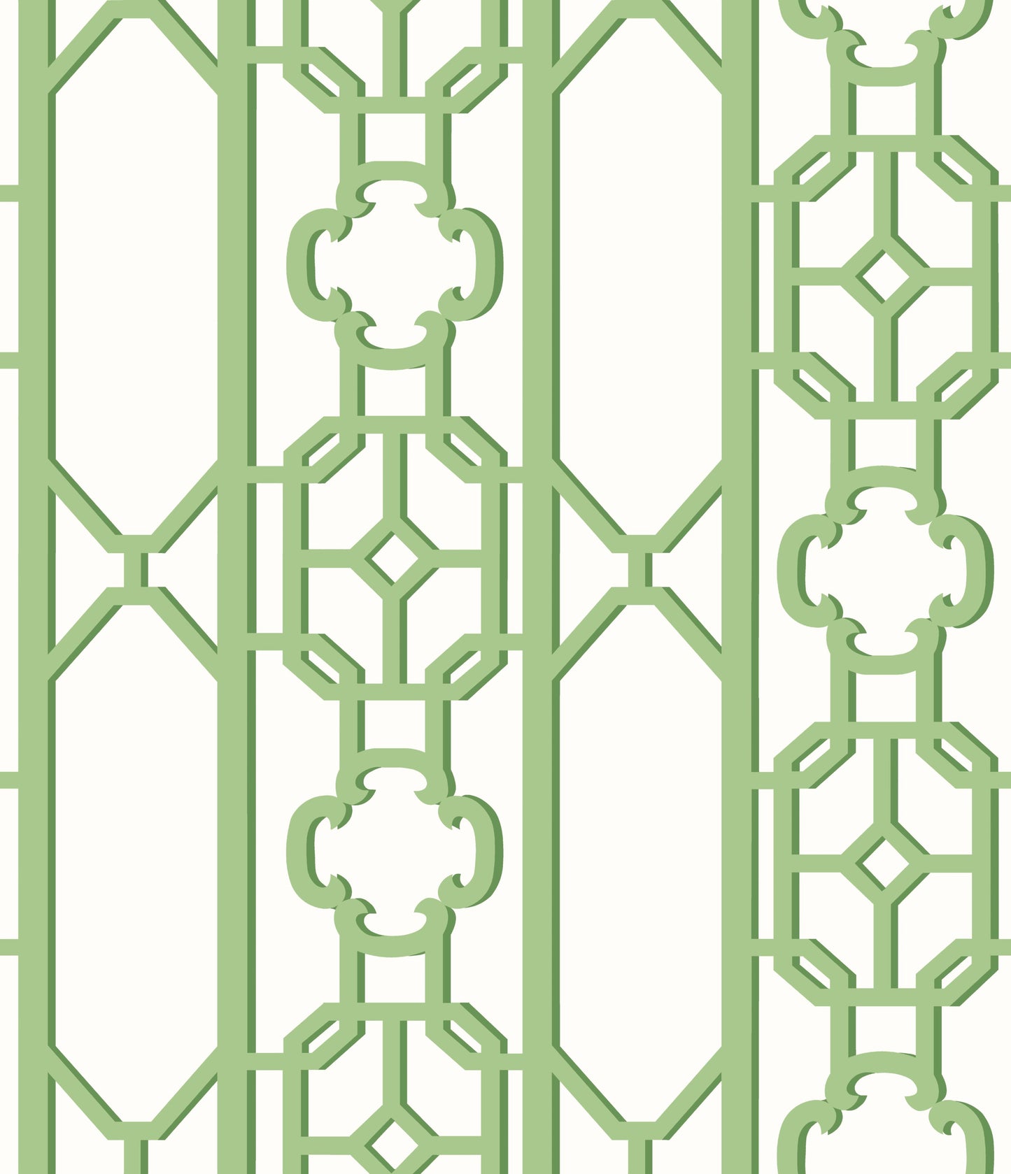Light green decorative metal lattice fretwork panel with vertical bars and pear motif.