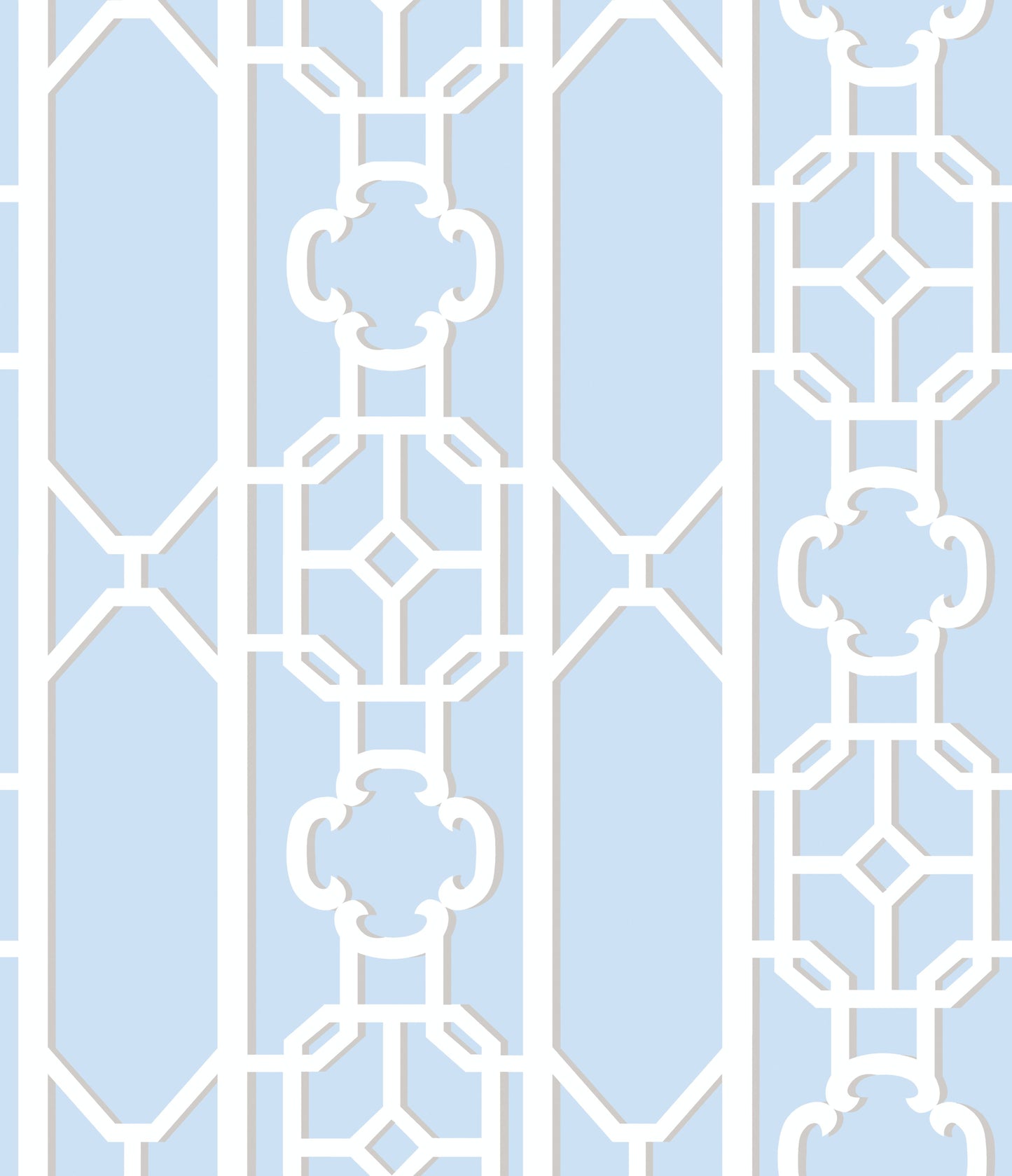 Powder blue background with a white decorative geometric lattice; vertical panels with octagon and scroll motifs.