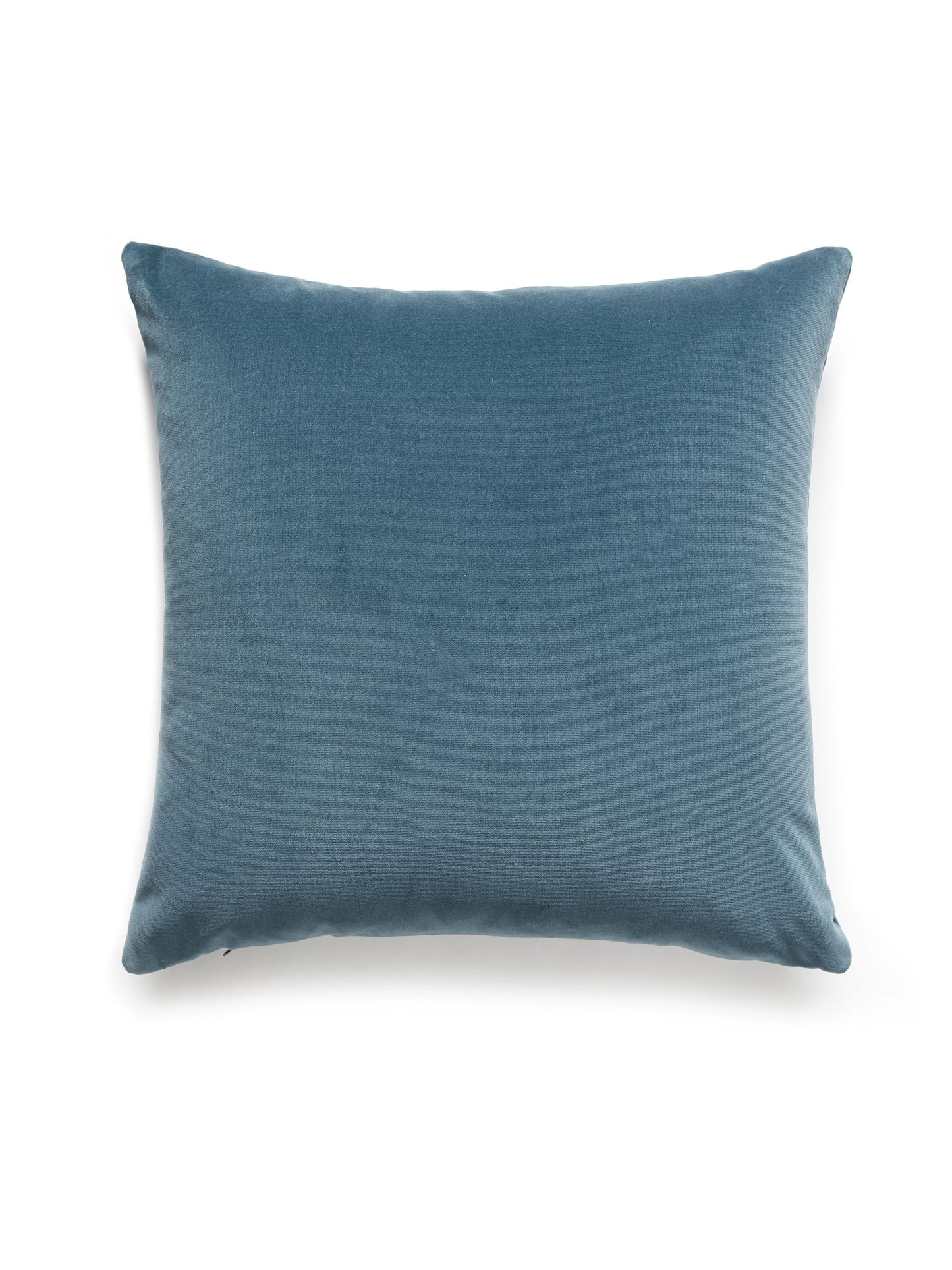 Blue velvet square throw pillow with plush texture, decorative home decor accessory.